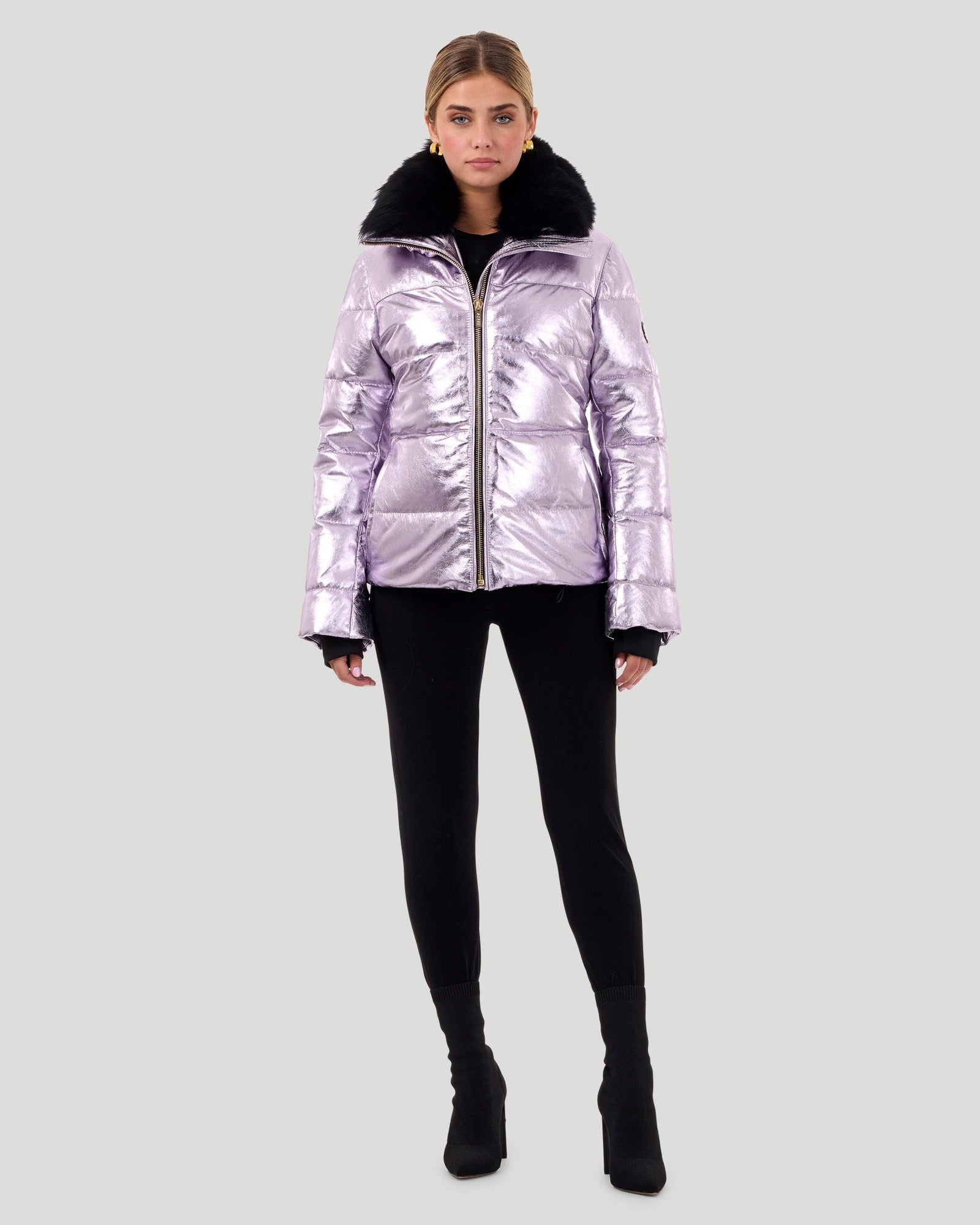 Metallic Après-Ski Jacket With Detachable Toscana Shearling Lamb Collar | Women | Lilac x Black