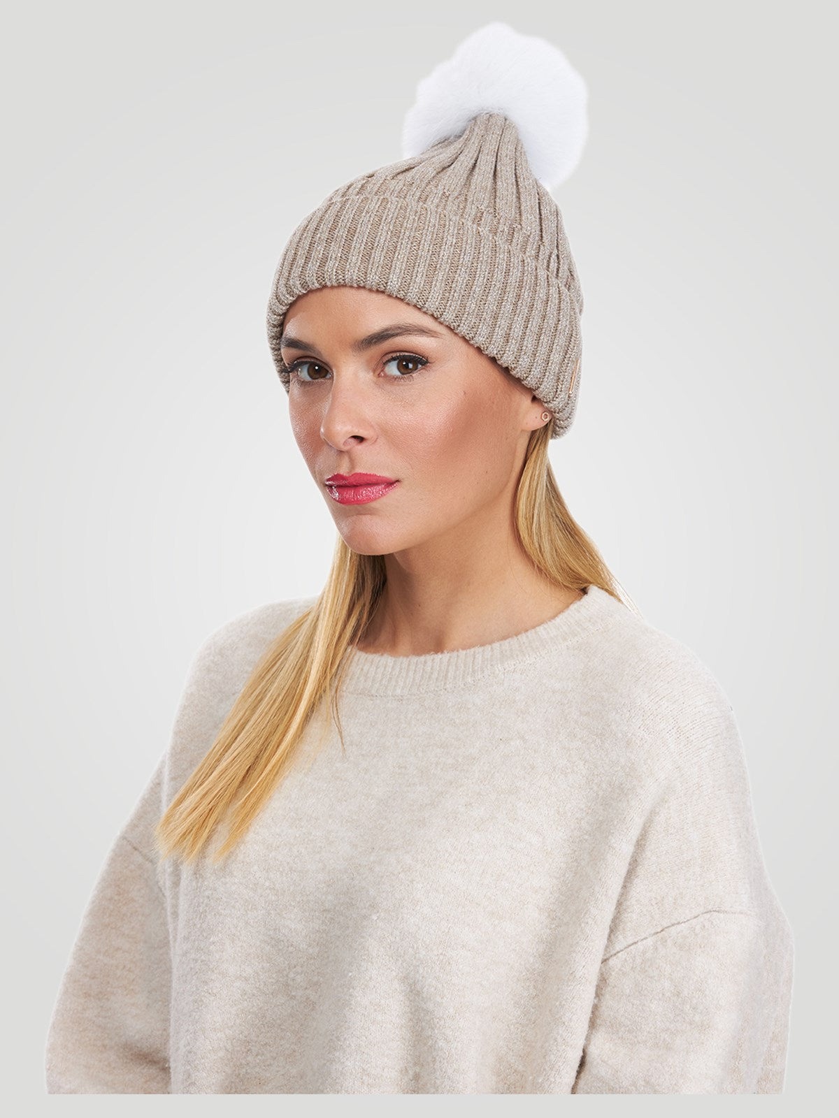 Metallic Wool Blend Knit Hat With Toscana Shearling Lamb Pompom | Women | Taupe x White