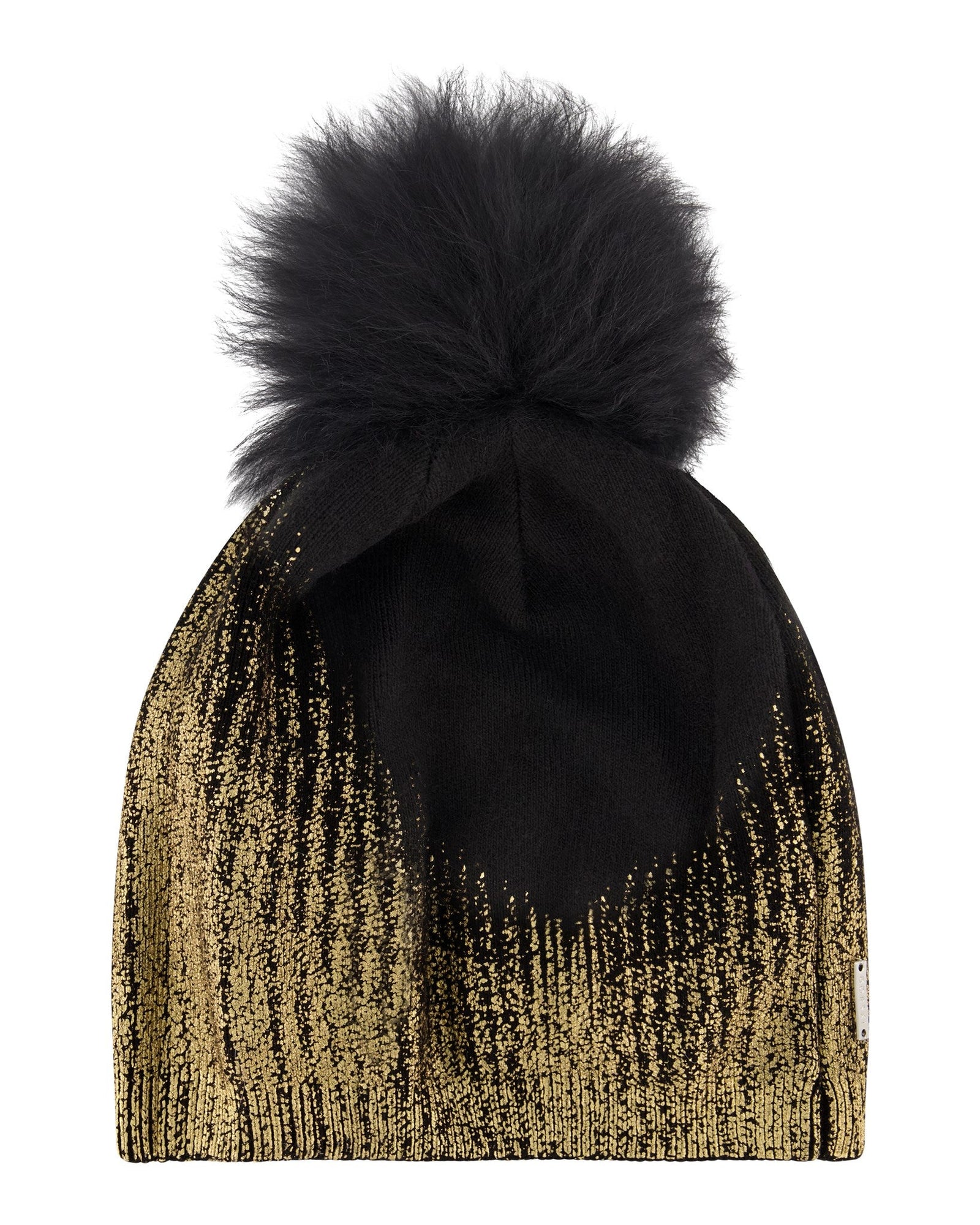 Metallic Wool Blend Knit Hat With Toscana Shearling Lamb Pompom | Women | Black x Gold x Black (V2)