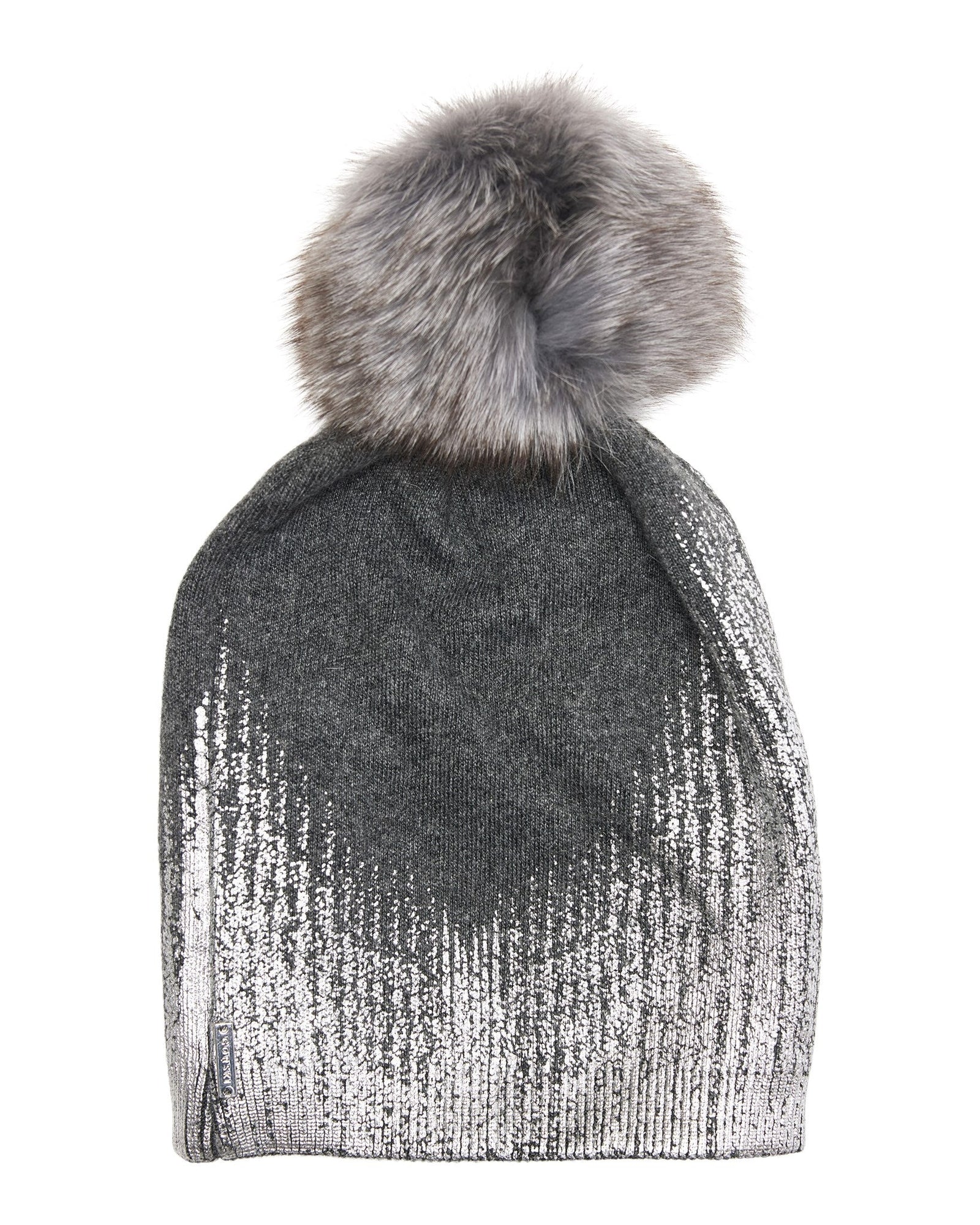 Metallic Wool Blend Knit Hat With Toscana Shearling Lamb Pompom | Women | Gray x Silver x Gray