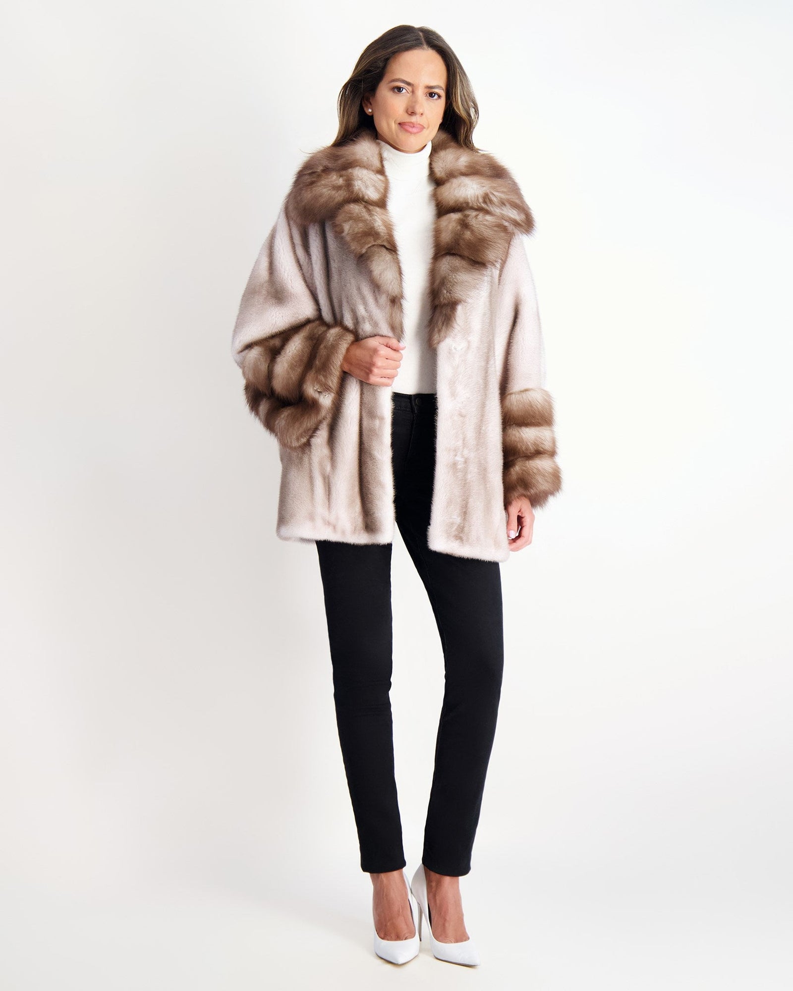 Mink Jacket With Stone Marten Collar & Trim | Women | Silver Blue x White