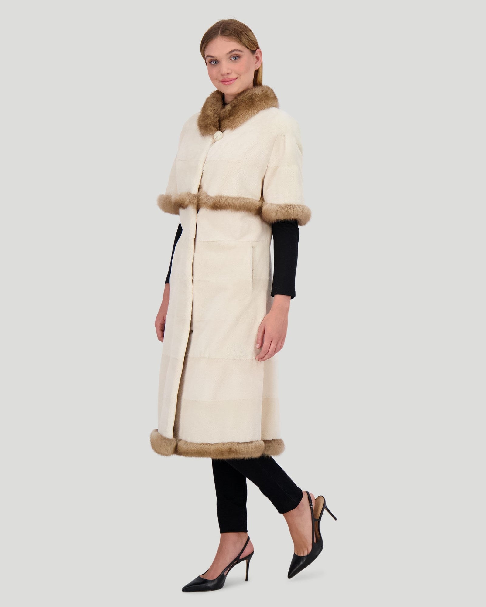 Mink Short Coat With Sable Trim, Short Sleeves | Women | Pearl