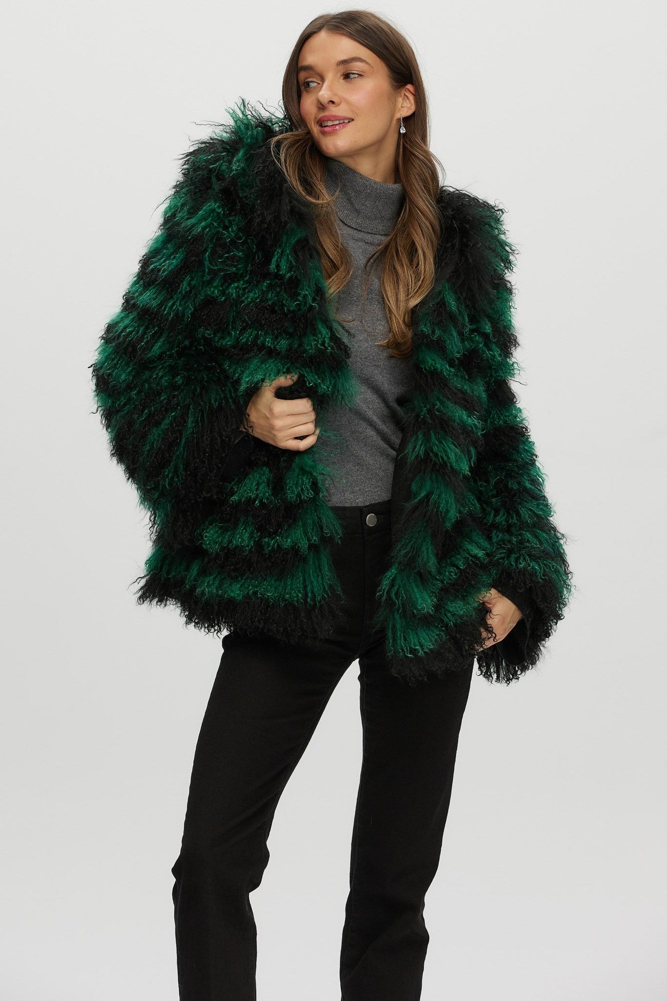 Mongolian (Tg) Shearling Lamb Jacket Reversible To Loro Piana Cashmere & Wool | Women | Green x Black