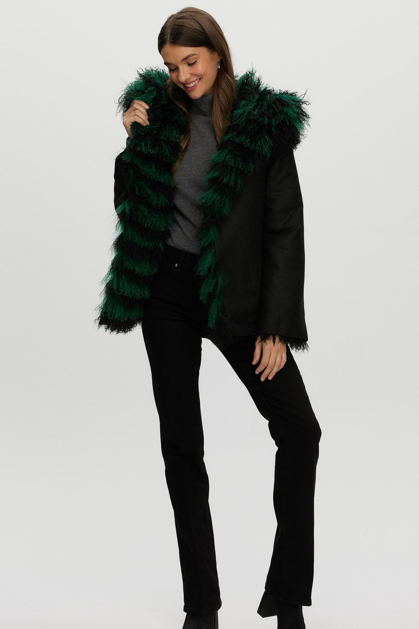 Mongolian (Tg) Shearling Lamb Jacket Reversible To Loro Piana Cashmere & Wool | Women | Green x Black