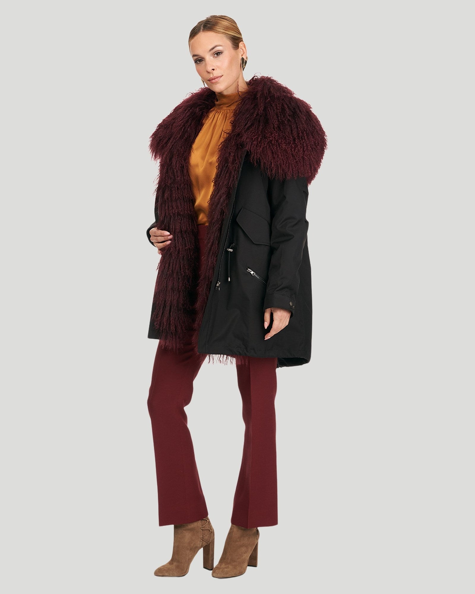 Parka With Lamb Trim | Women | Aubergine x Black