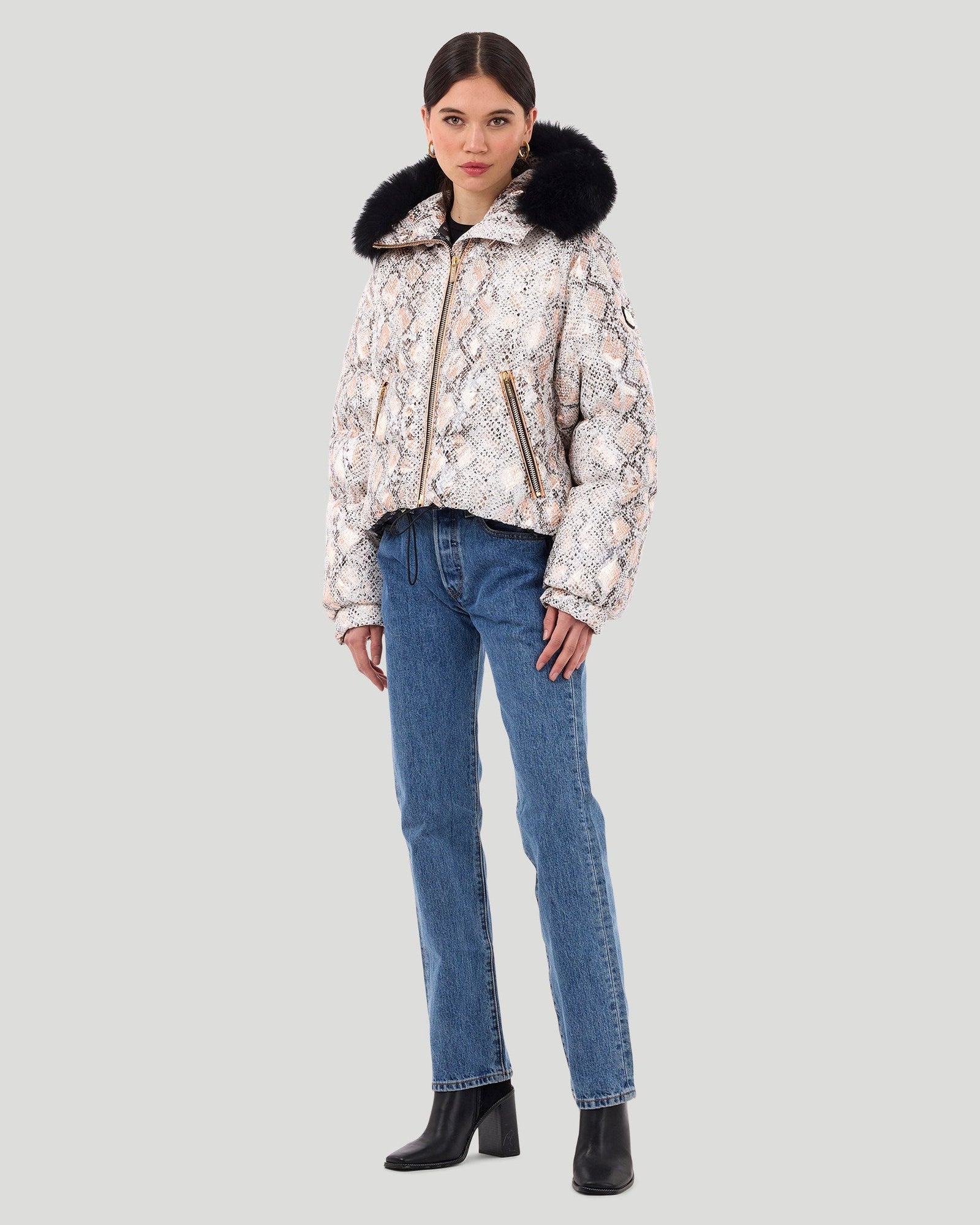 Printed Après-Ski Jacket With Detachable Toscana Shearling Lamb Hood Trim | Women | Bronze Snk x Black