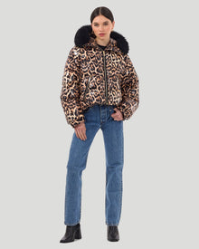 Printed Après-Ski Jacket With Detachable Toscana Shearling Lamb Hood Trim | Women | Brown Leopard x Black