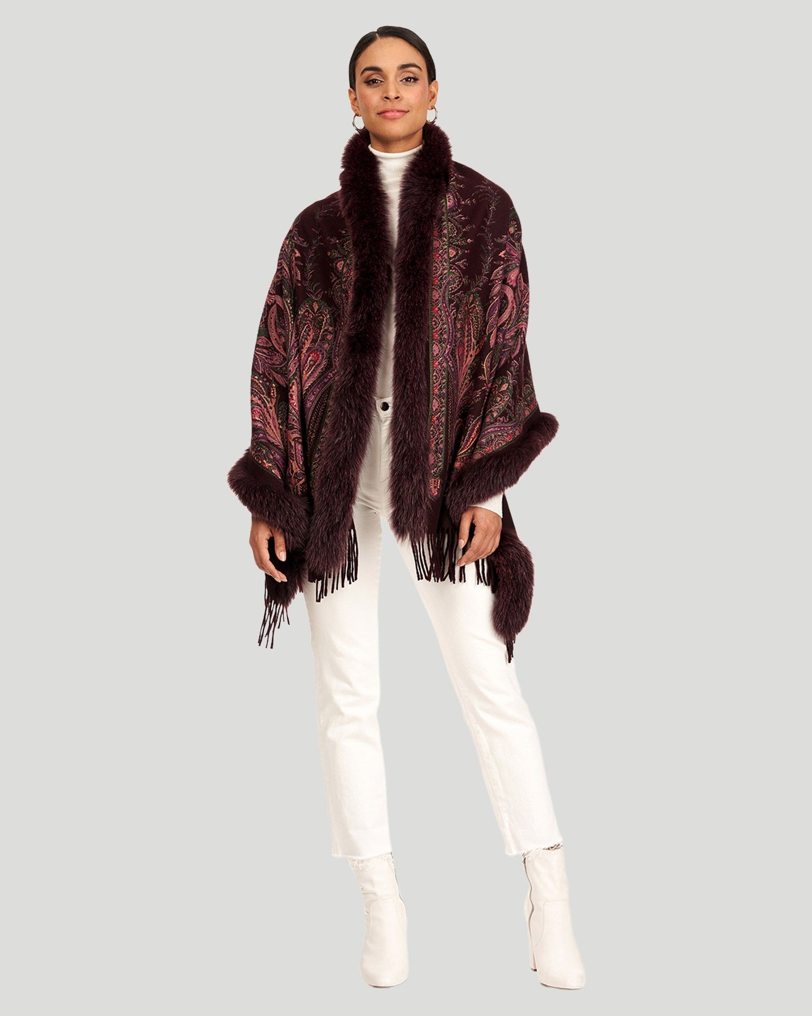 Printed Cashmere Stole With Fox Tape Top And Bottom | Women | Wine Paisley