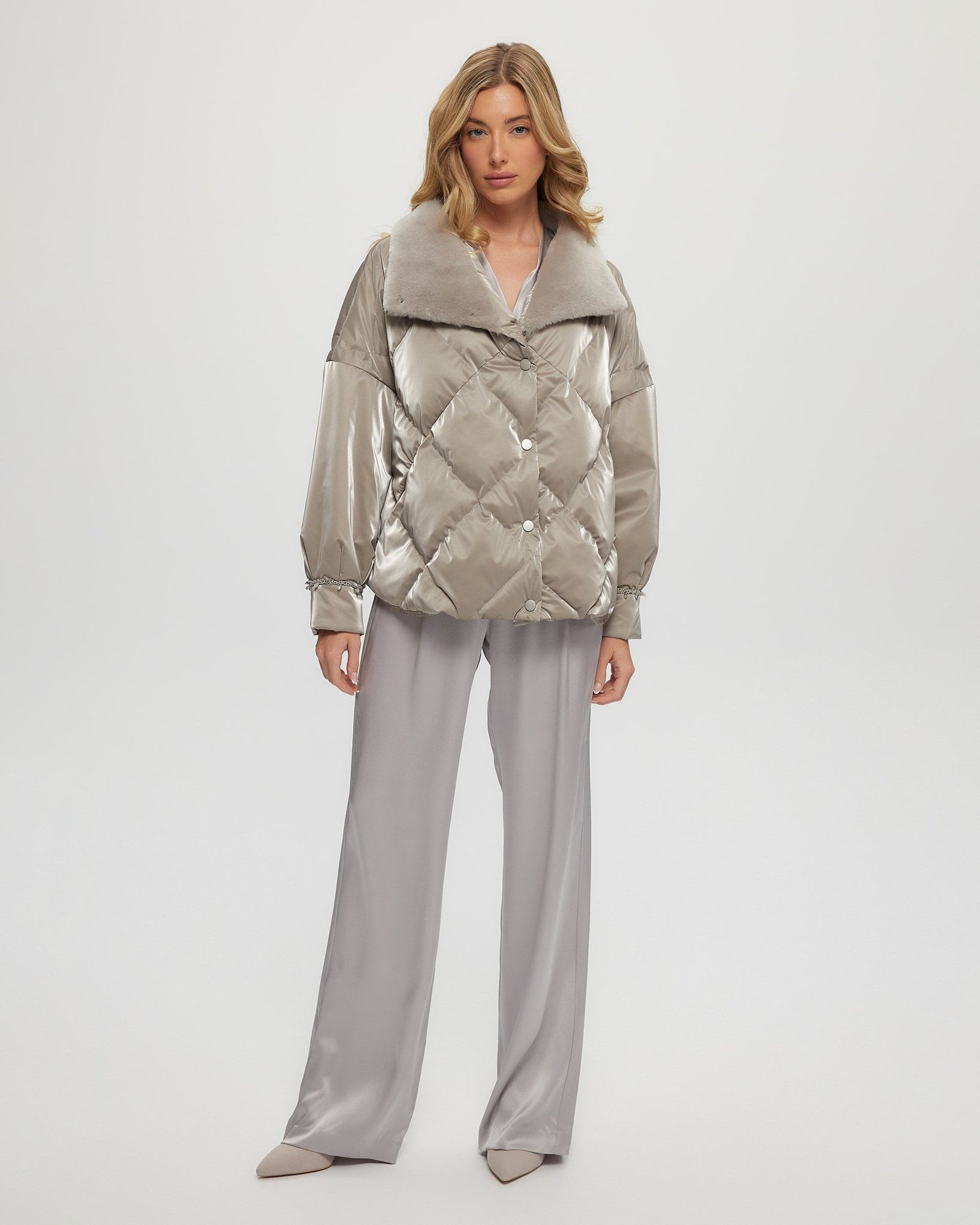 Quilted Jacket With Select Shearling Lamb Collar | Women | Greige