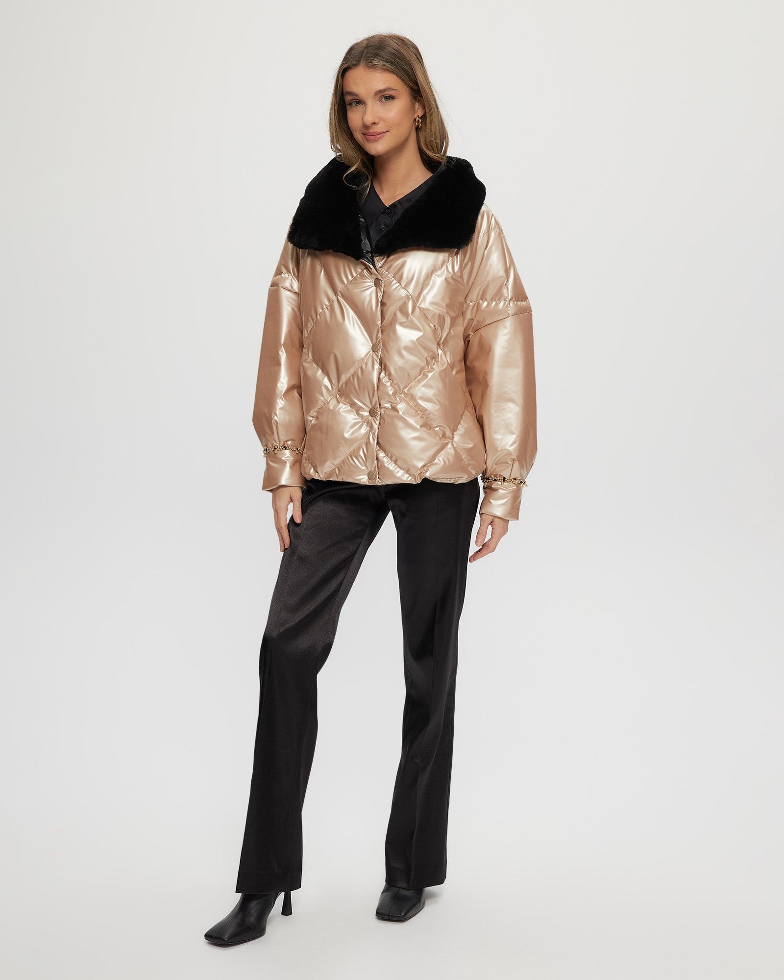 Quilted Jacket With Select Shearling Lamb Collar | Women | Rose Gold x Black