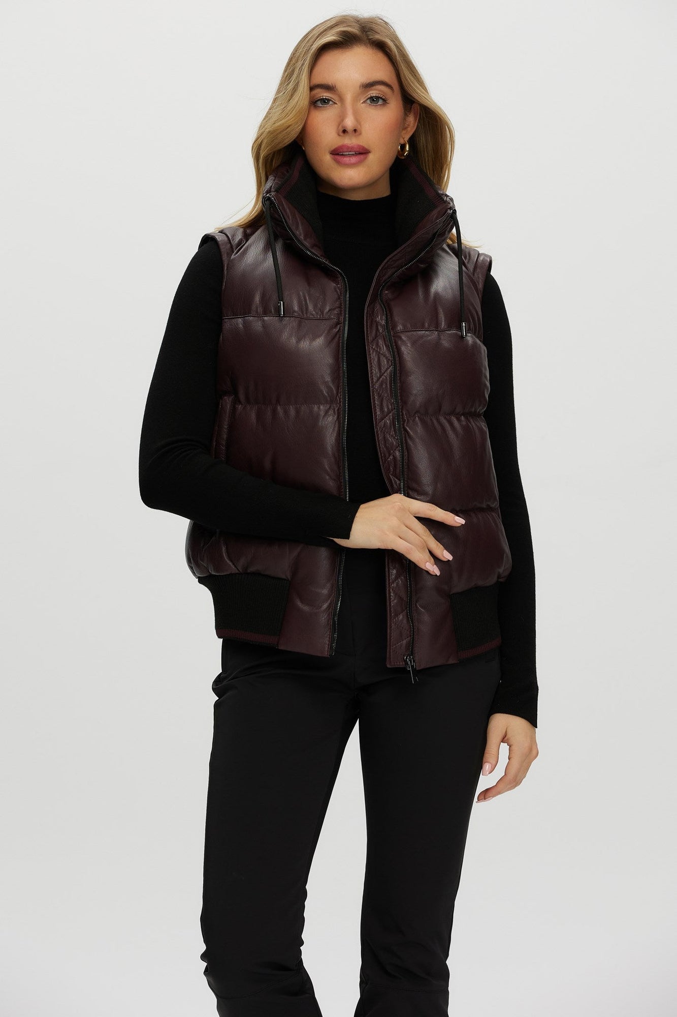 Quilted Leather Jacket With Detachable Fabric Sleeves | Women | Burgundy