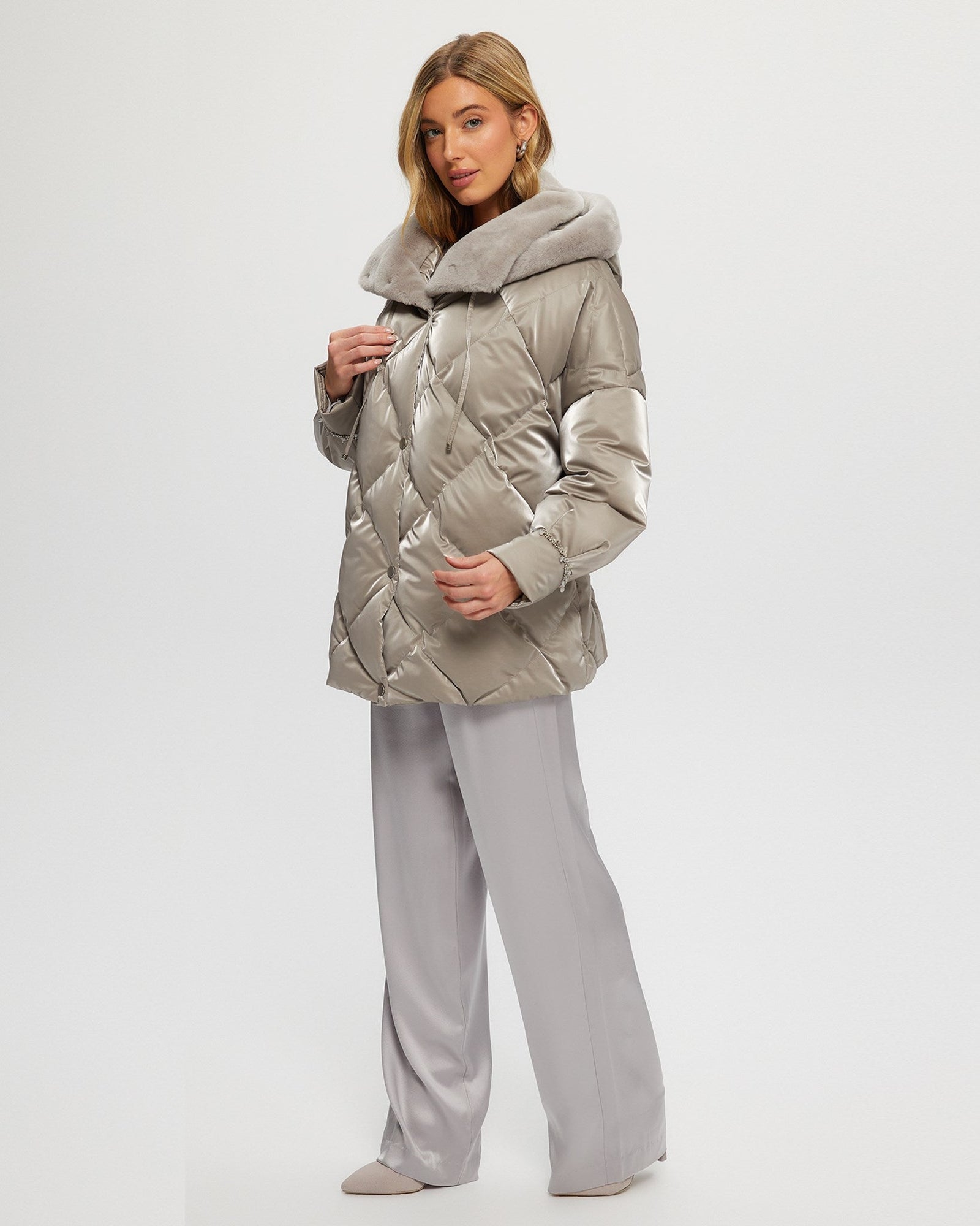 Quilted Parka With Shearling Lamb Collar & Hood Trim | Women | Greige