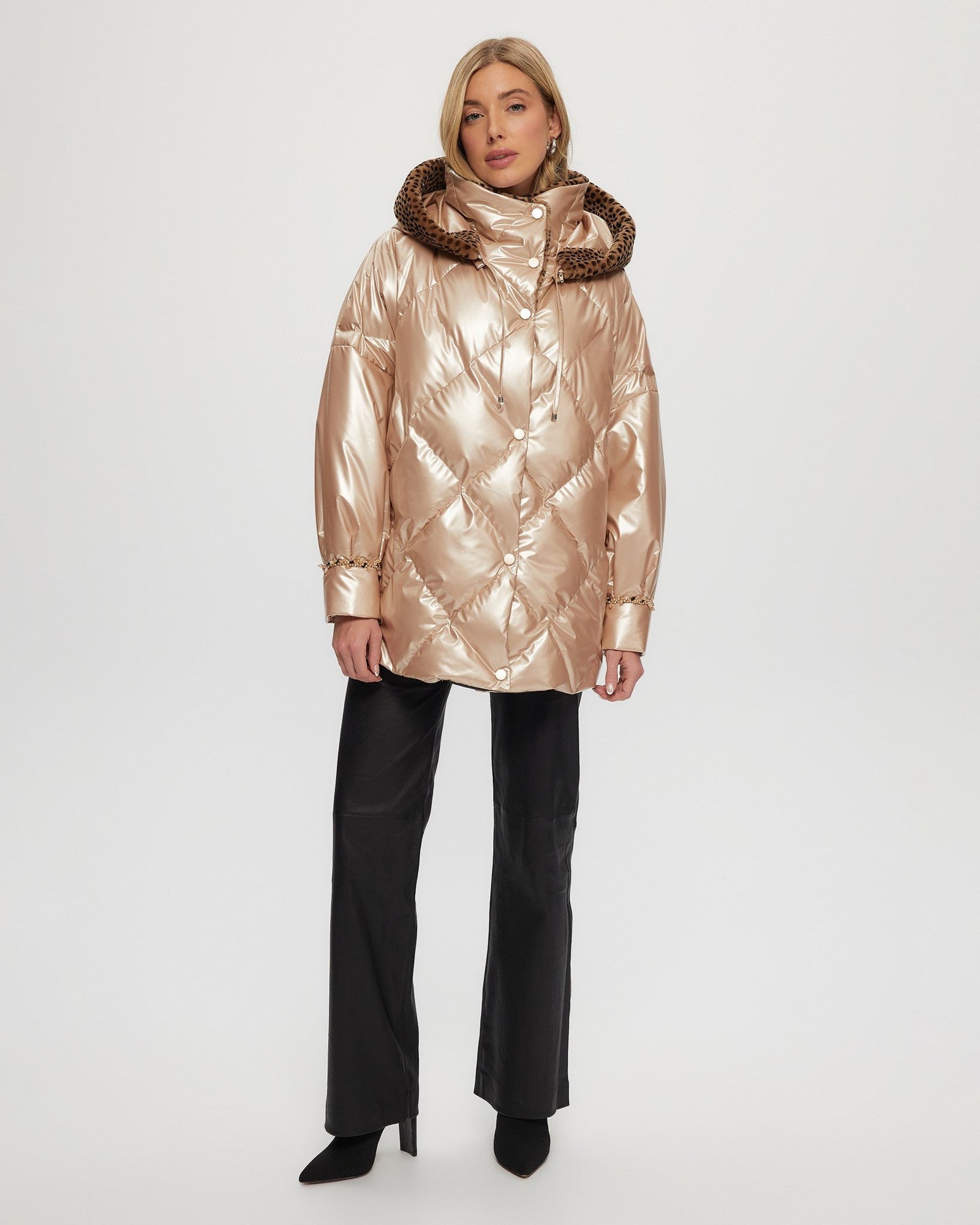 Quilted Parka With Shearling Lamb Collar & Hood Trim | Women | Rose Gold x Spot Print