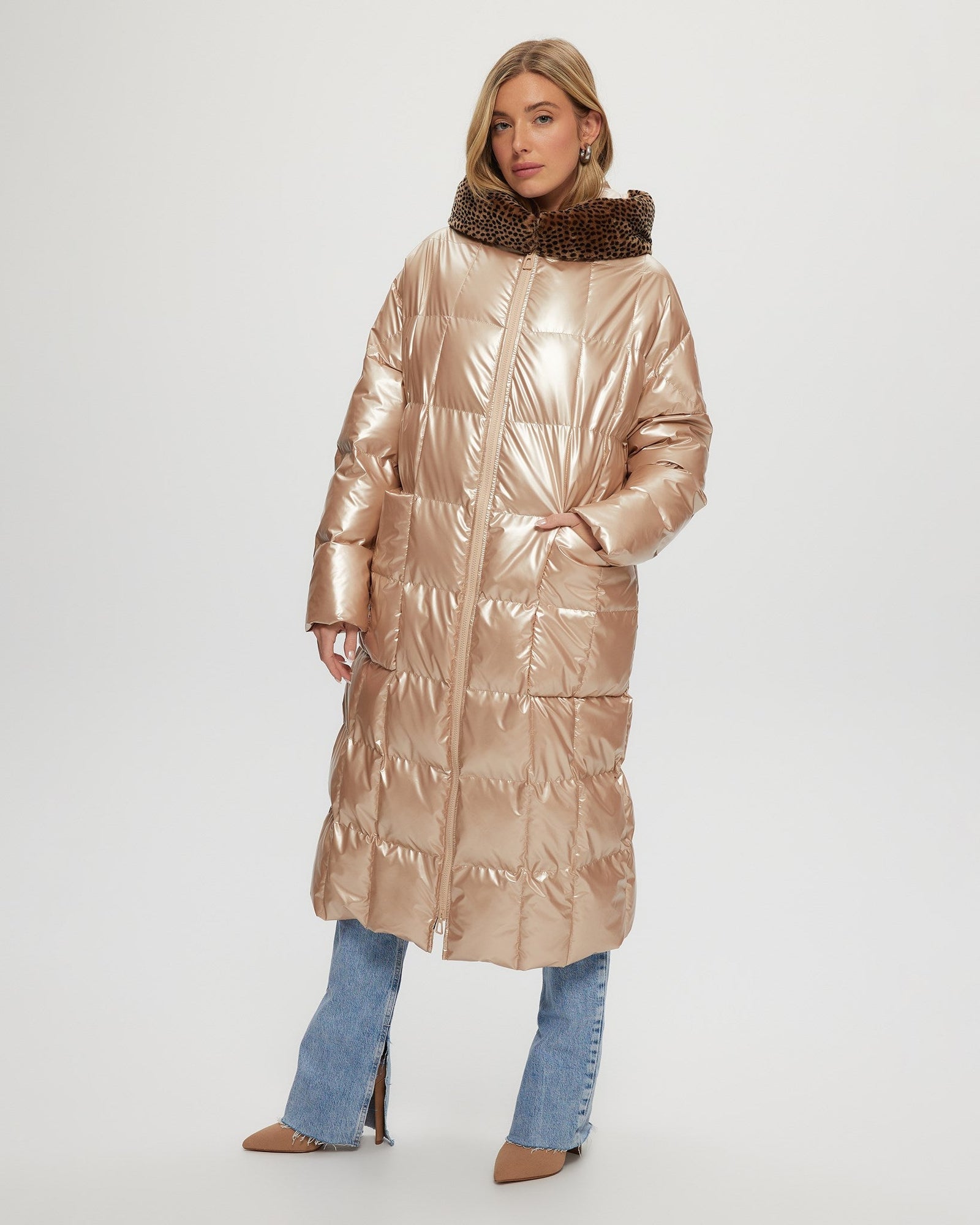 Quilted Parka With Shearling Lamb Hood Trim | Women | Rose Gold x Spot Print