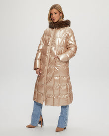 Quilted Parka With Shearling Lamb Hood Trim | Women | Rose Gold x Spot Print