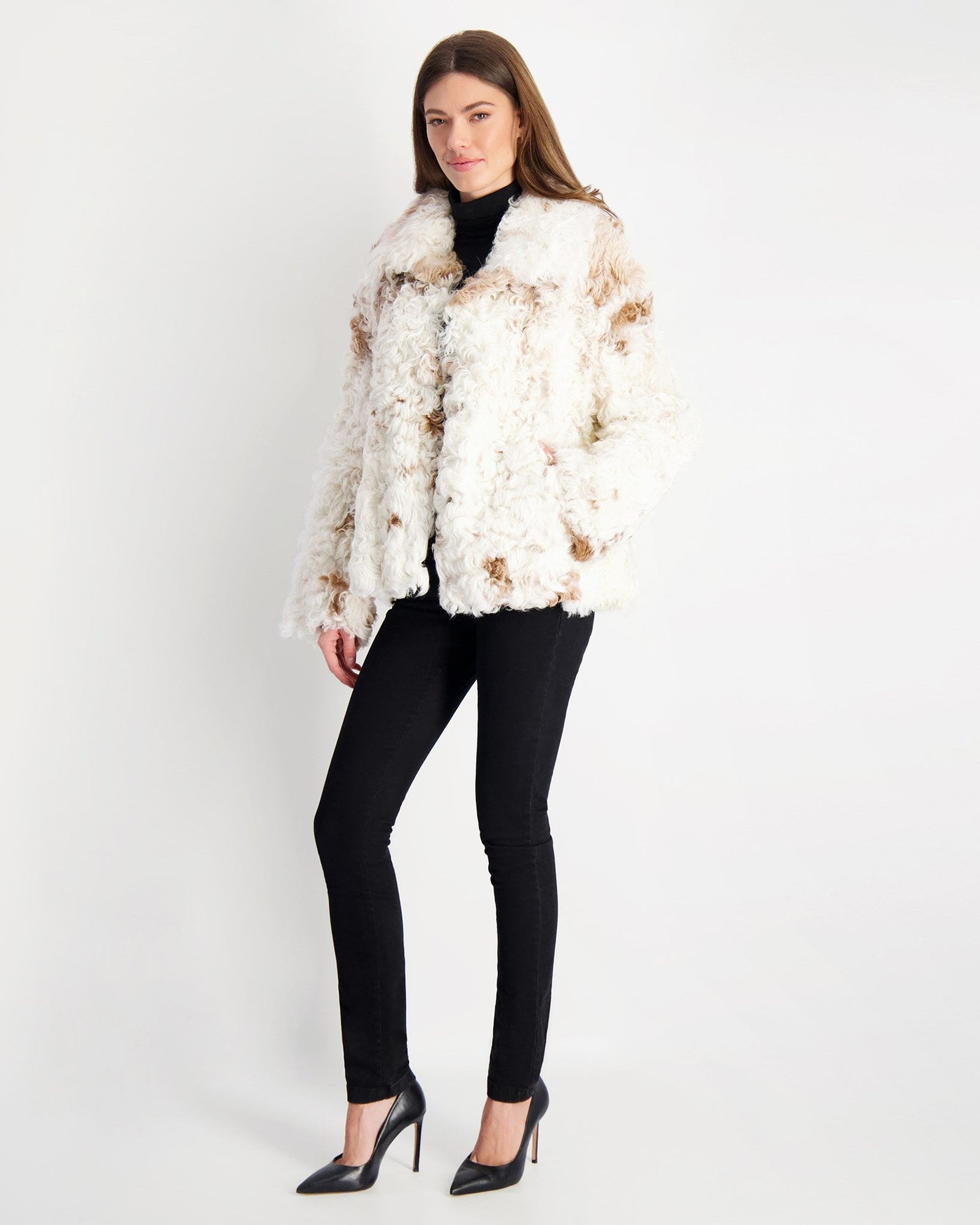 Reversible Long Hair Select Shearling Lamb Jacket | Women | White x Brown Spotted