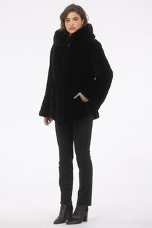 Reversible Merino Shearling Lamb Jacket, Hood | Women | Black x Black