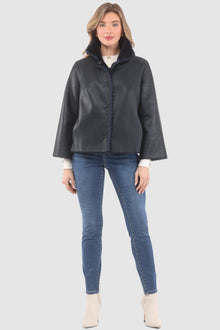 Reversible Select Shearling Jacket With Embroiderd Trim | Women | Navy x Navy