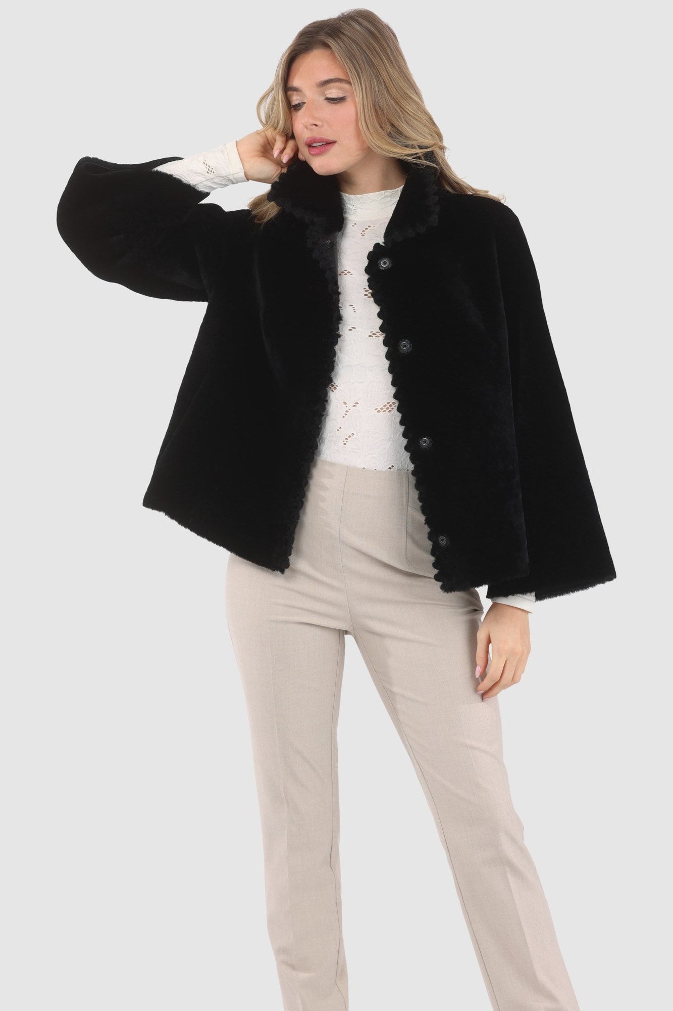 Reversible Select Shearling Jacket With Embroiderd Trim | Women | Black x Black