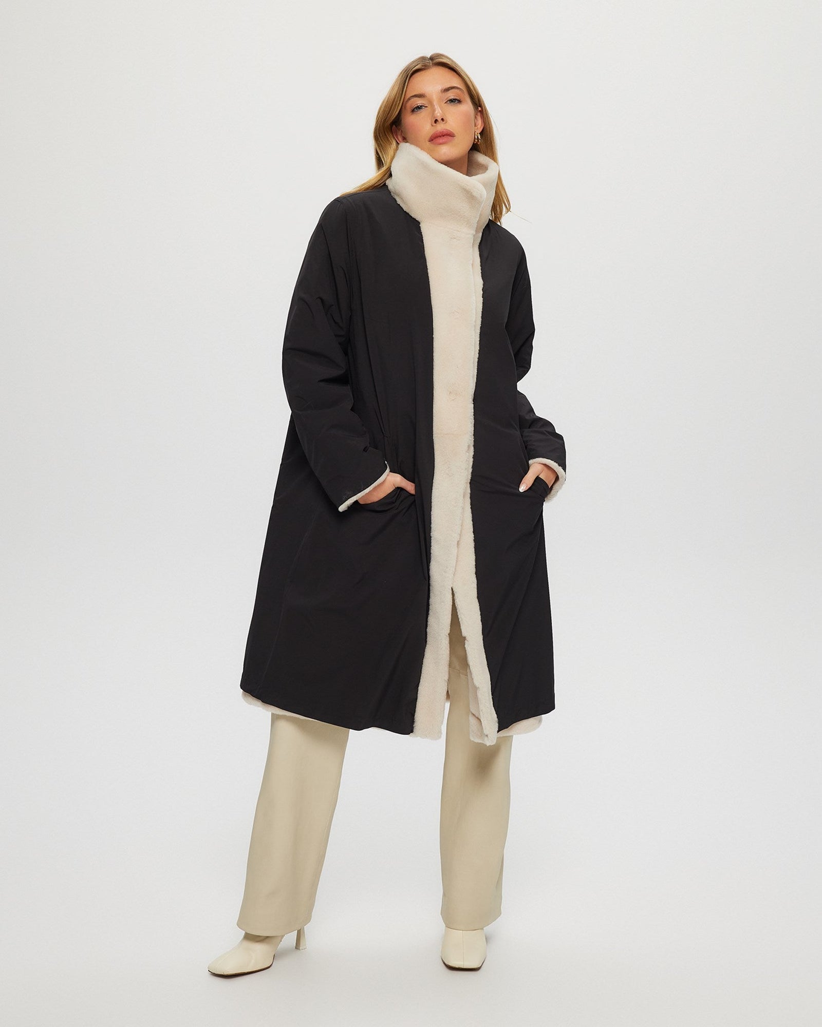 Reversible Select Shearling Lamb Chevron Short Coat | Women | Cream x Black