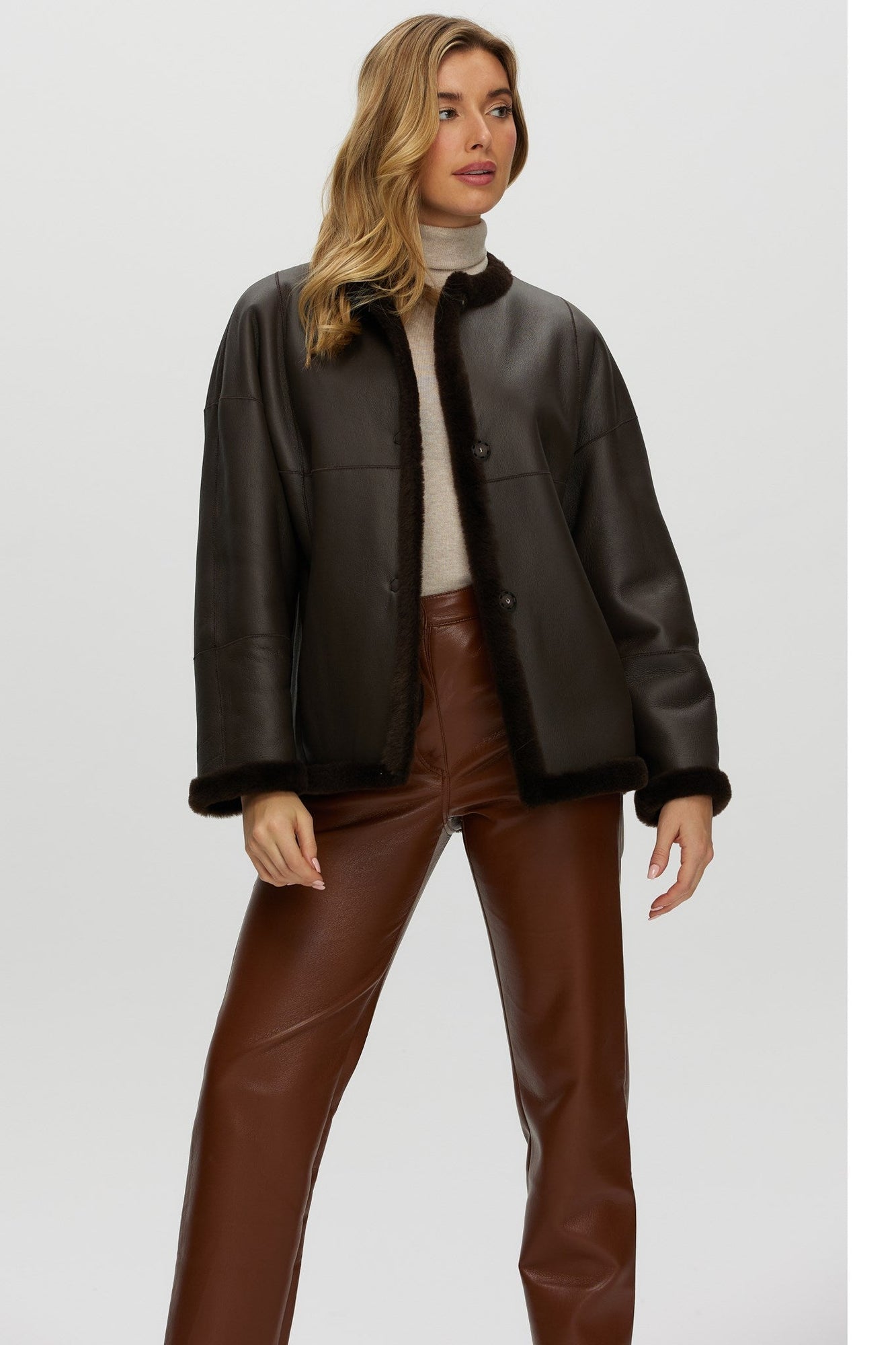 Reversible Shearling Lamb Collarless Jacket | Women | Dark Brown