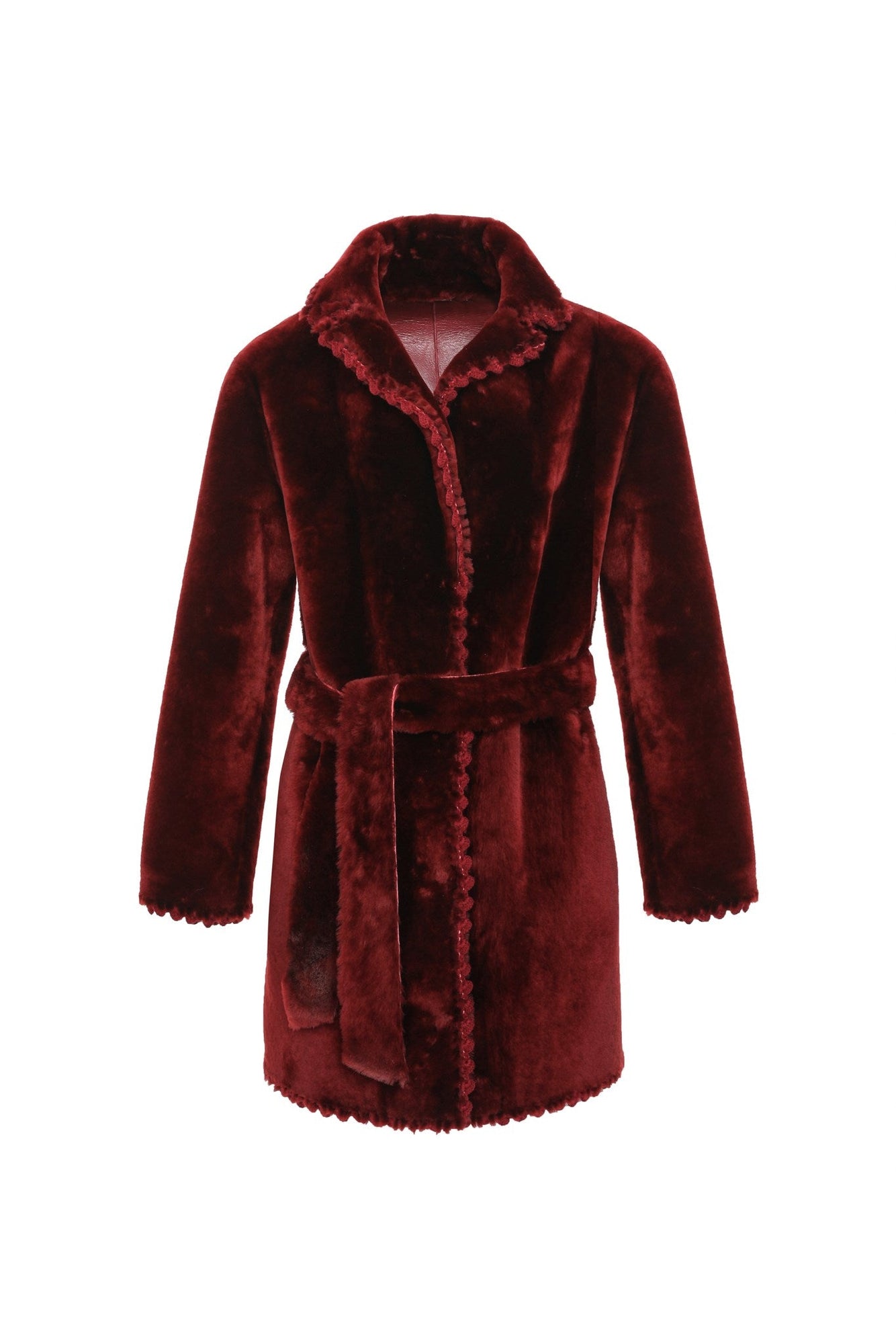 Reversible Shearling Lamb Jacket With Embroiderd Trim, Belt | Women | Wine x Wine