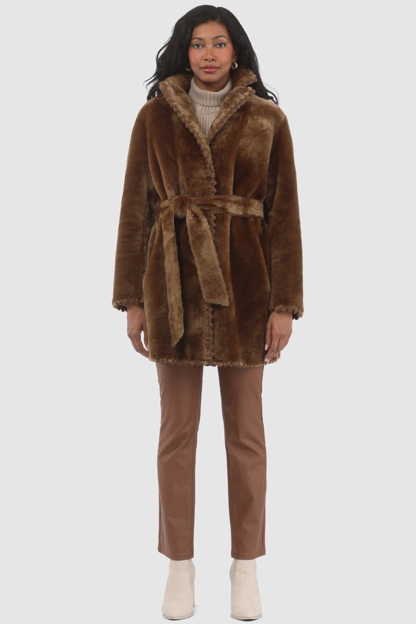 Reversible Shearling Lamb Jacket With Embroiderd Trim, Belt | Women | Camel x Camel