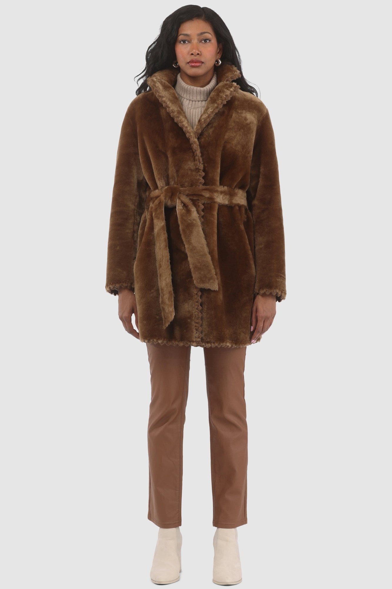 Reversible Shearling Lamb Jacket With Embroiderd Trim, Belt | Women | Camel x Camel