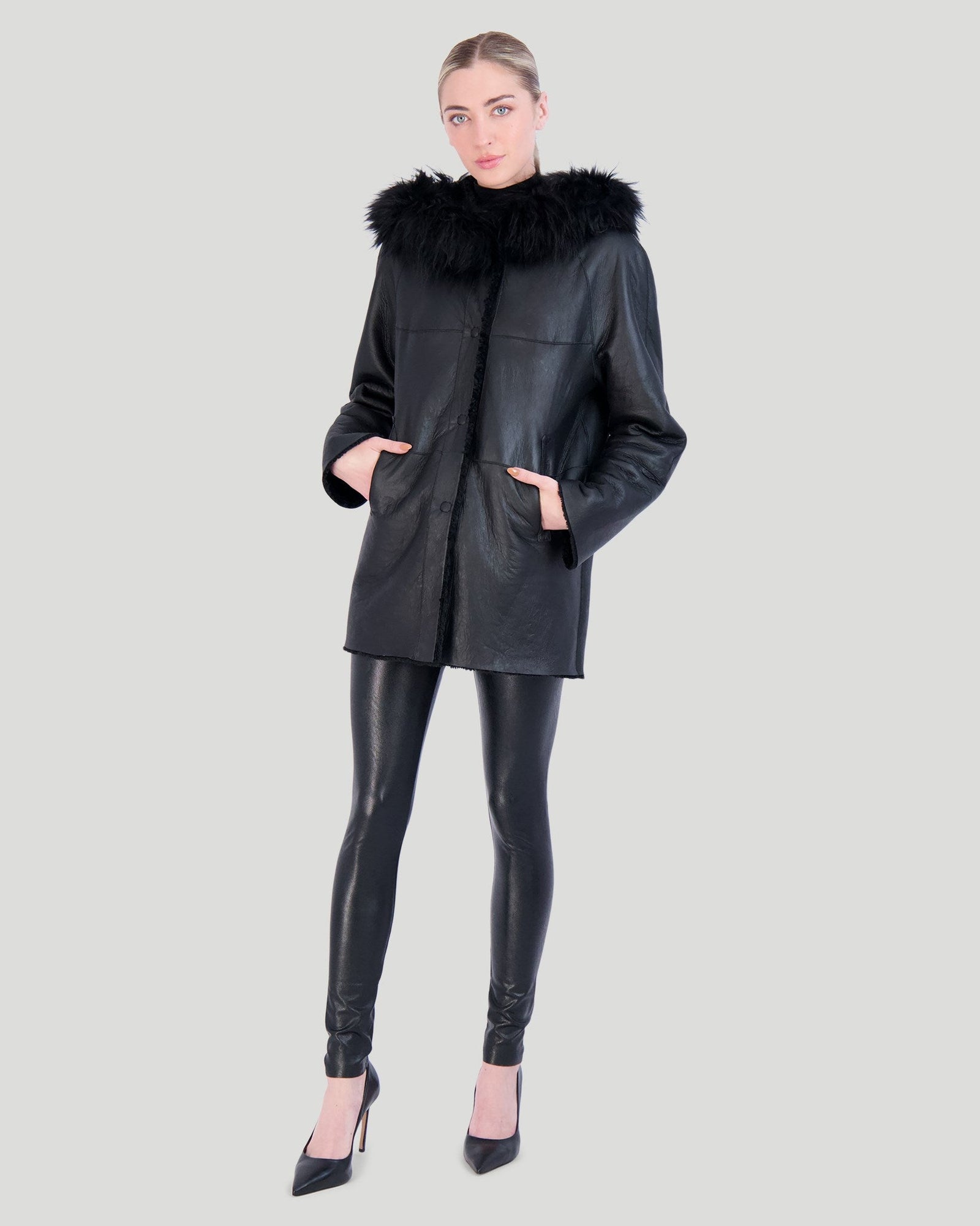 Reversible Shearling Lamb Parka With Select Cashmere Goat Hood Trim | Women | Black x Black