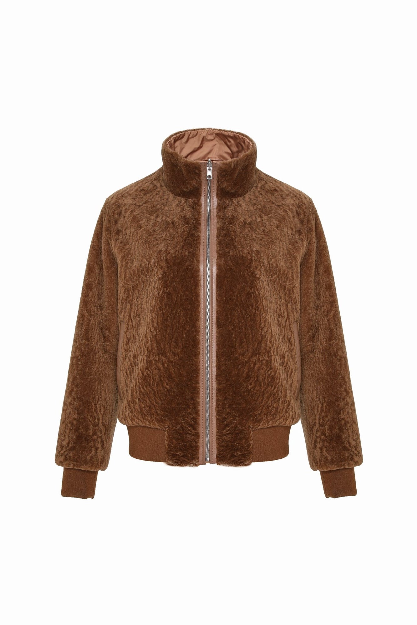 Reversible Tetured Shearling Lamb Bomber Jacket | Women | Camel x Camel