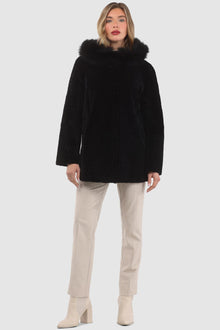 Reversible Tetured Shearling Lamb Parka With Merinillo Shearling Lamb Hood Trim | Women | Black x Black