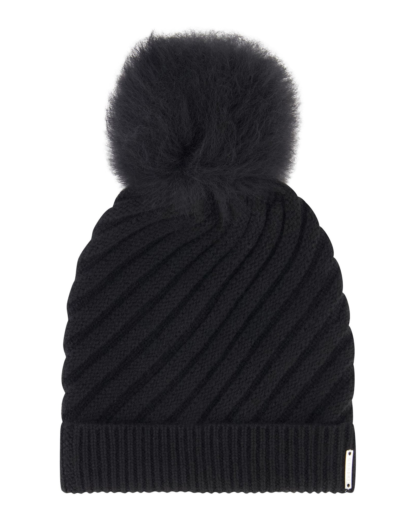 Select Cashmere Cable Knit Hat With Toscana Shearling Lamb Pompom | Women | Black x Black