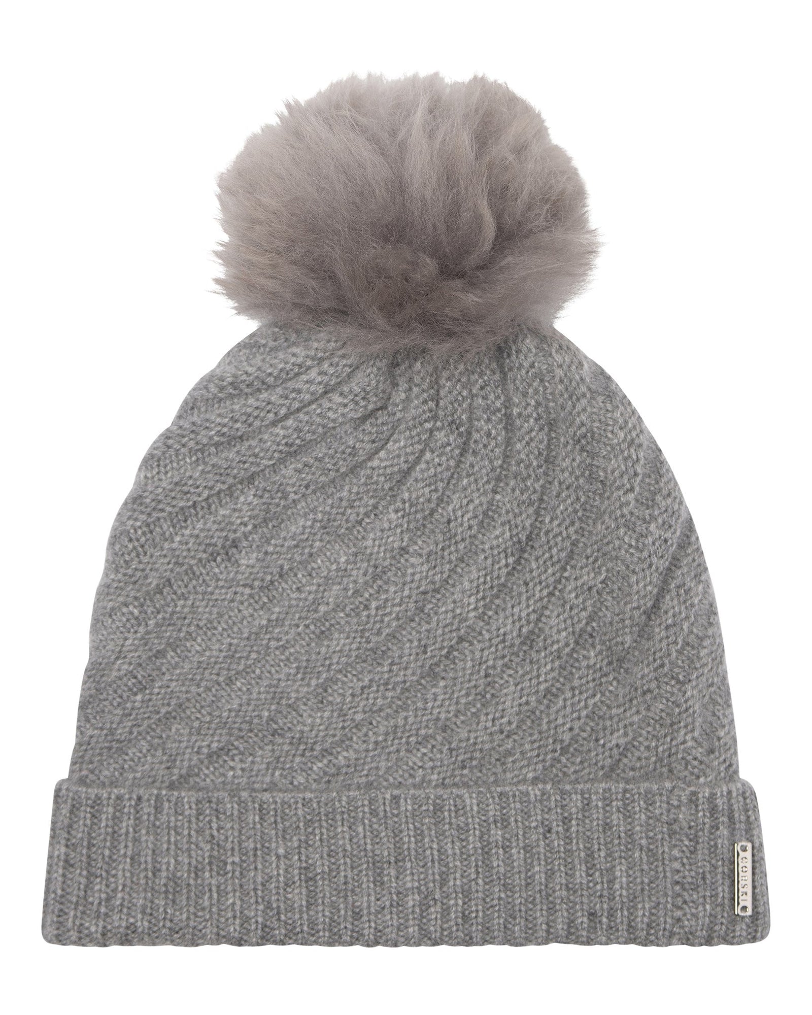 Select Cashmere Cable Knit Hat With Toscana Shearling Lamb Pompom | Women | Gray x Gray