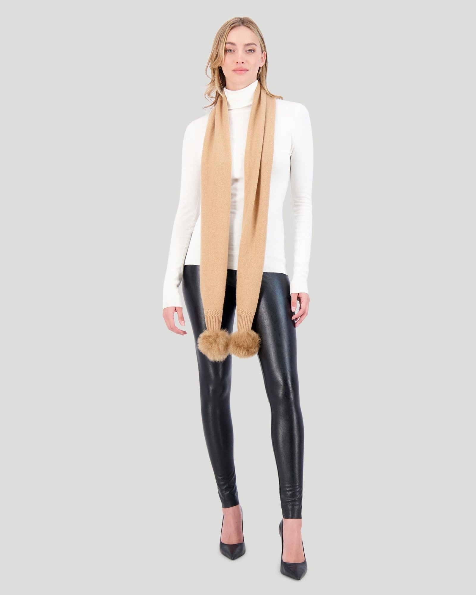 Select Knit Cashmere Scarf With Toscana Shearling Lamb Pompom | Women | Light Camel