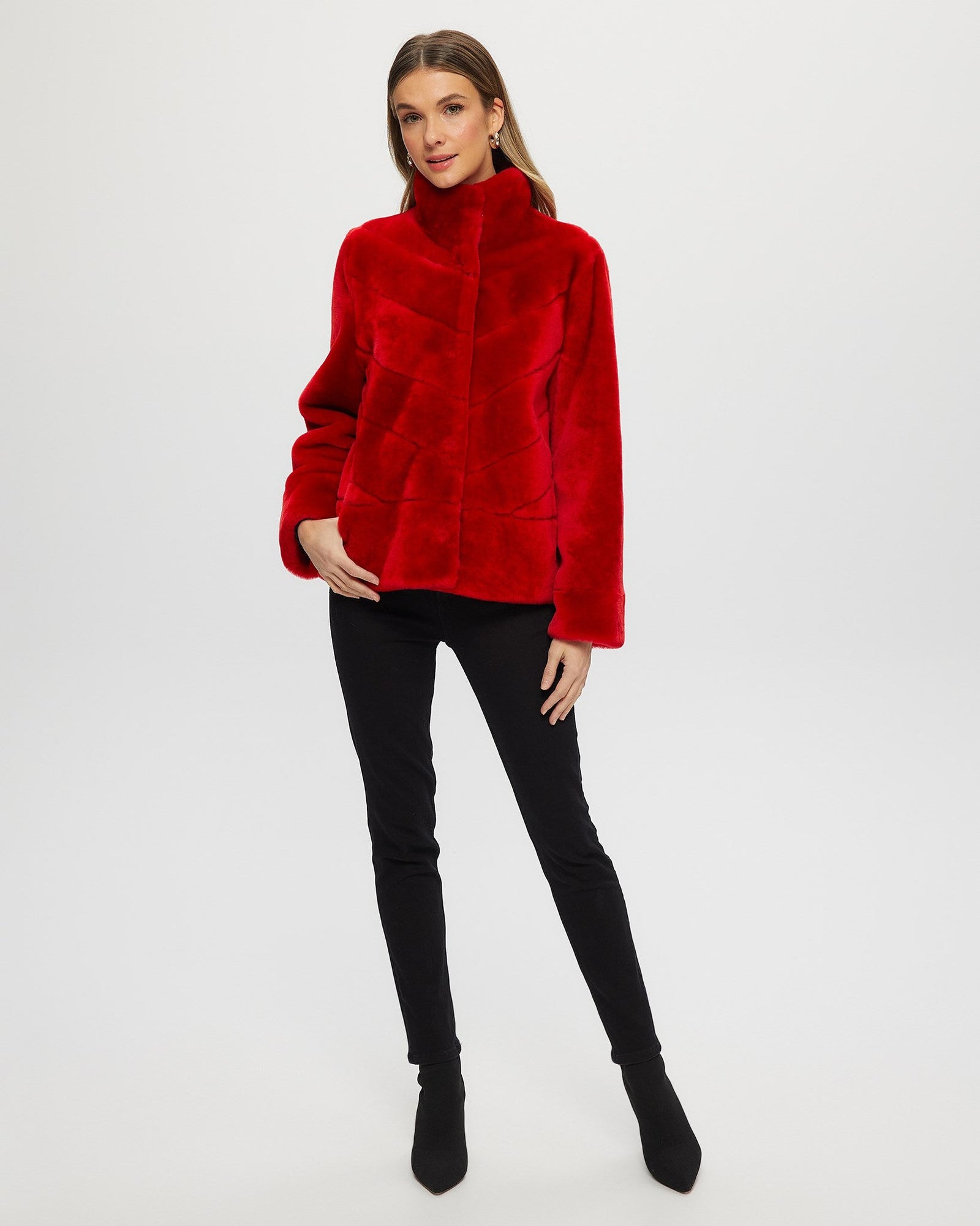 Select Shearling Lamb Chevron Jacket With Horizontal Bottom | Women | Red (V1)