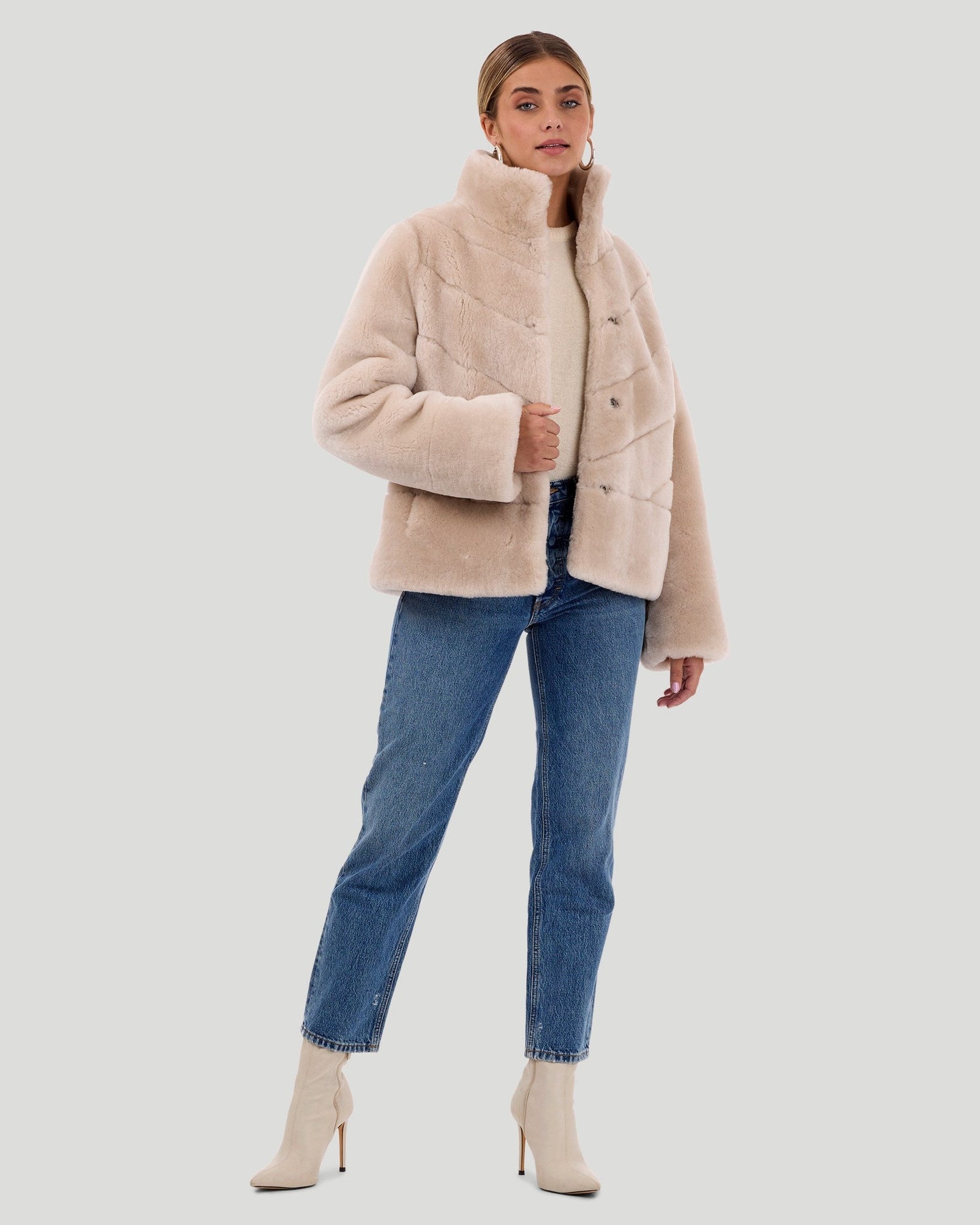 Select Shearling Lamb Chevron Jacket With Horizontal Bottom | Women | Beige