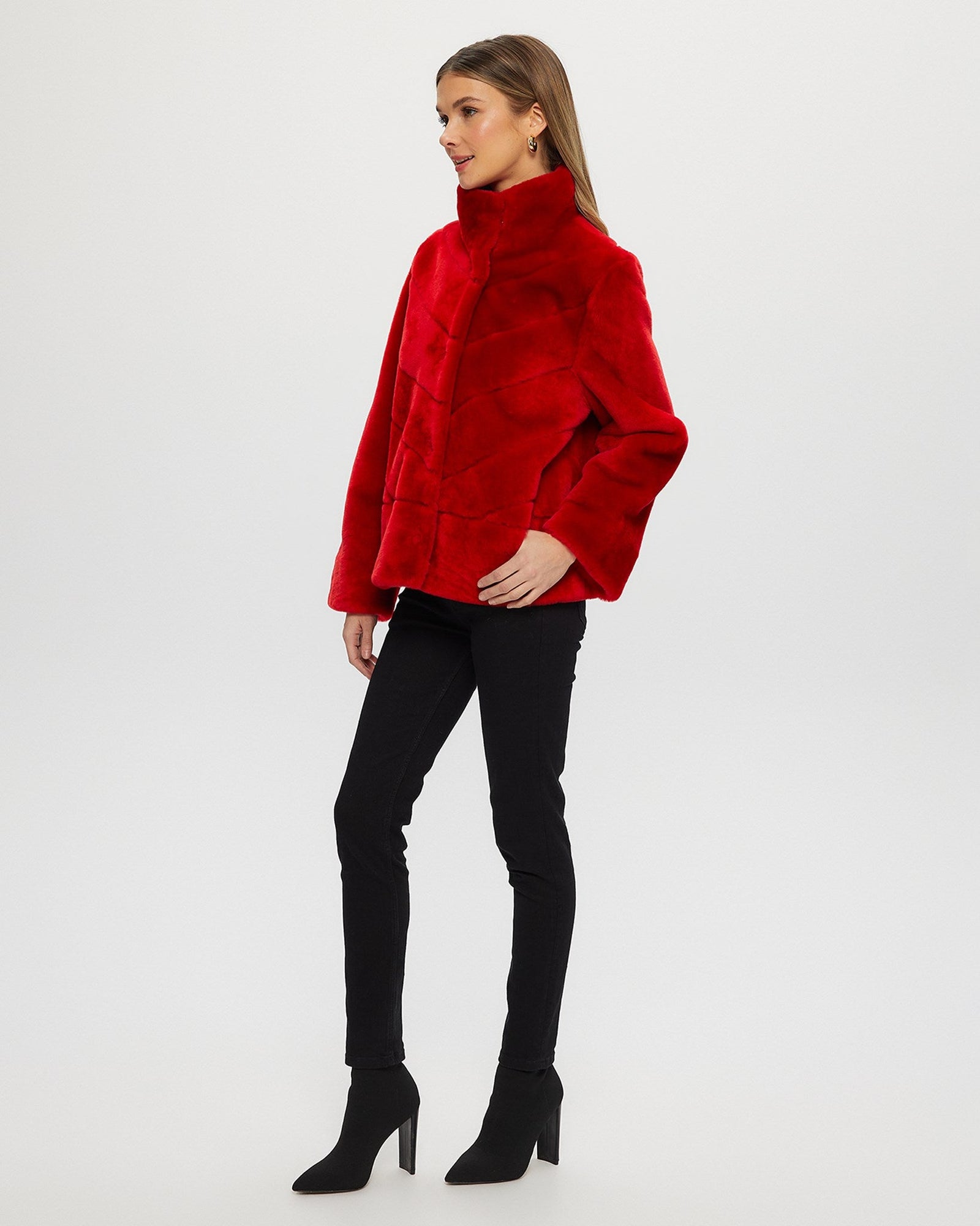 Select Shearling Lamb Chevron Jacket With Horizontal Bottom | Women | Red (V1)