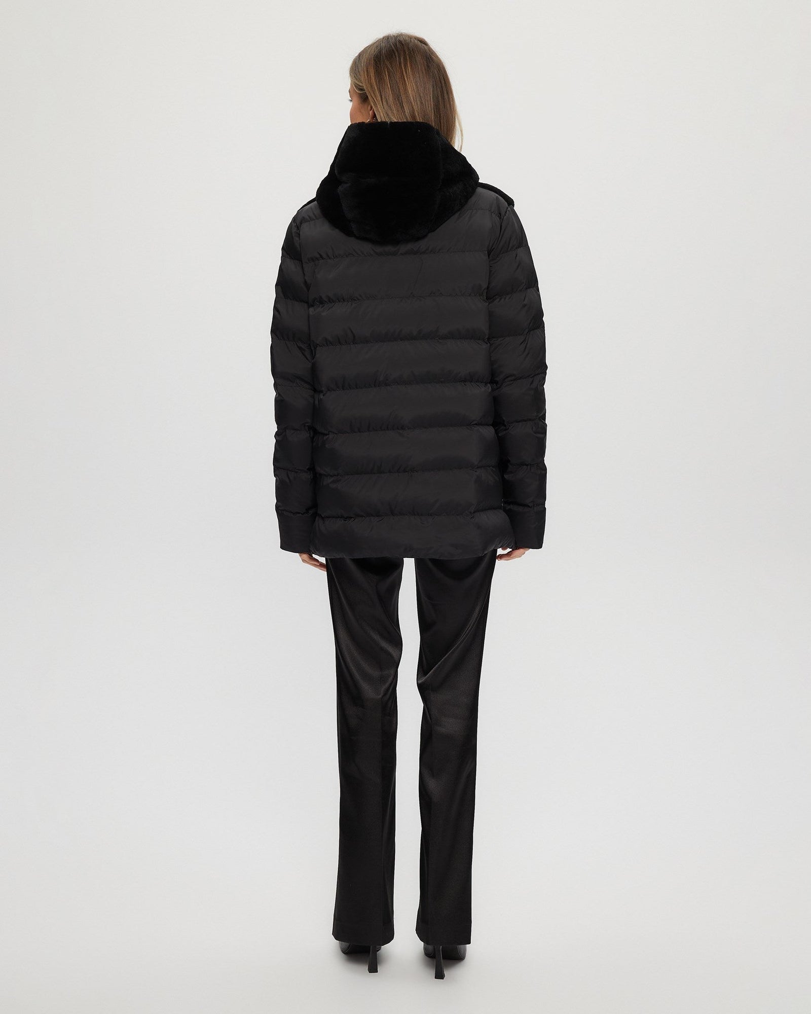 Select Shearling Lamb Chevron Parka With Quilted Sleeves And Back | Women | Black x Black