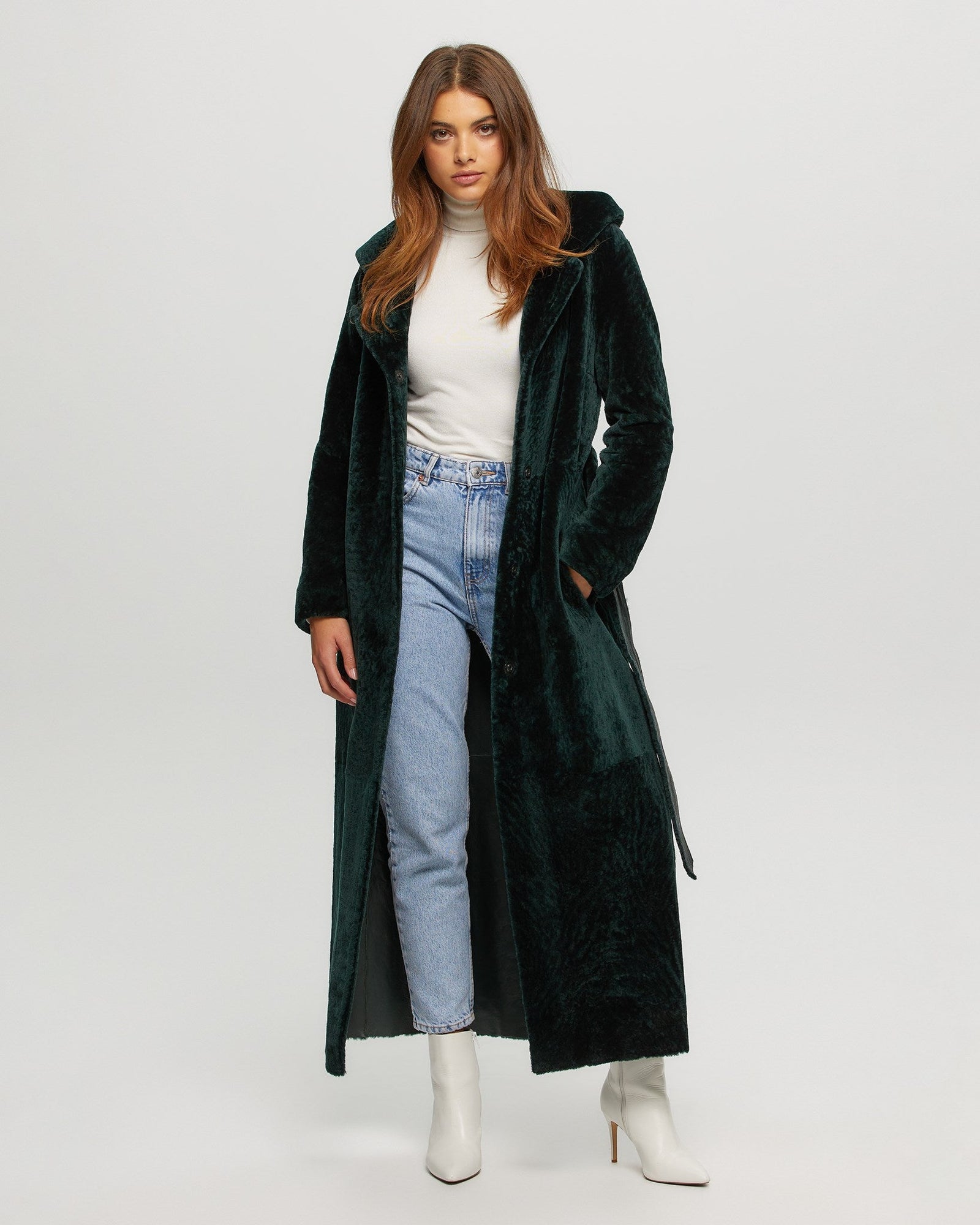 Select Shearling Lamb Coat With Hood | Women | Emerald