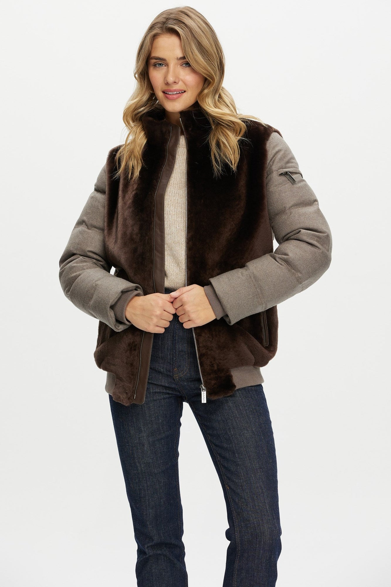 Select Shearling Lamb Jacket With Loro Piana Cashmere & Wool Down Sleeves And Back | Women | Brown x Taupe