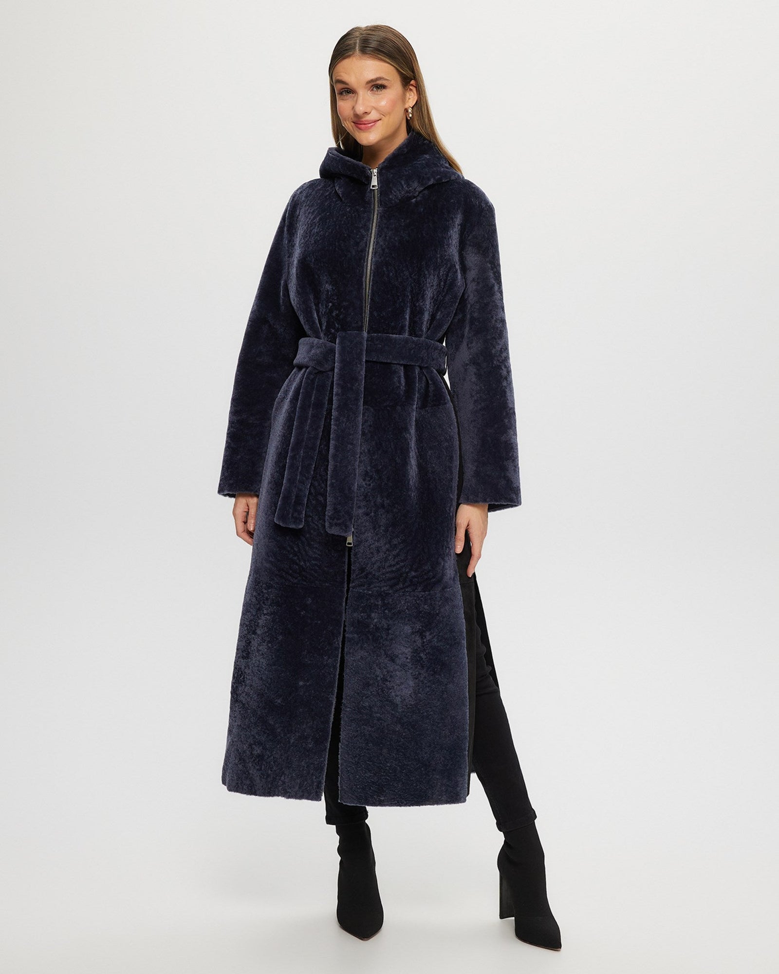 Select Shearling Lamb Zip Parka With Belt | Women | Dark Blue x Dark Blue