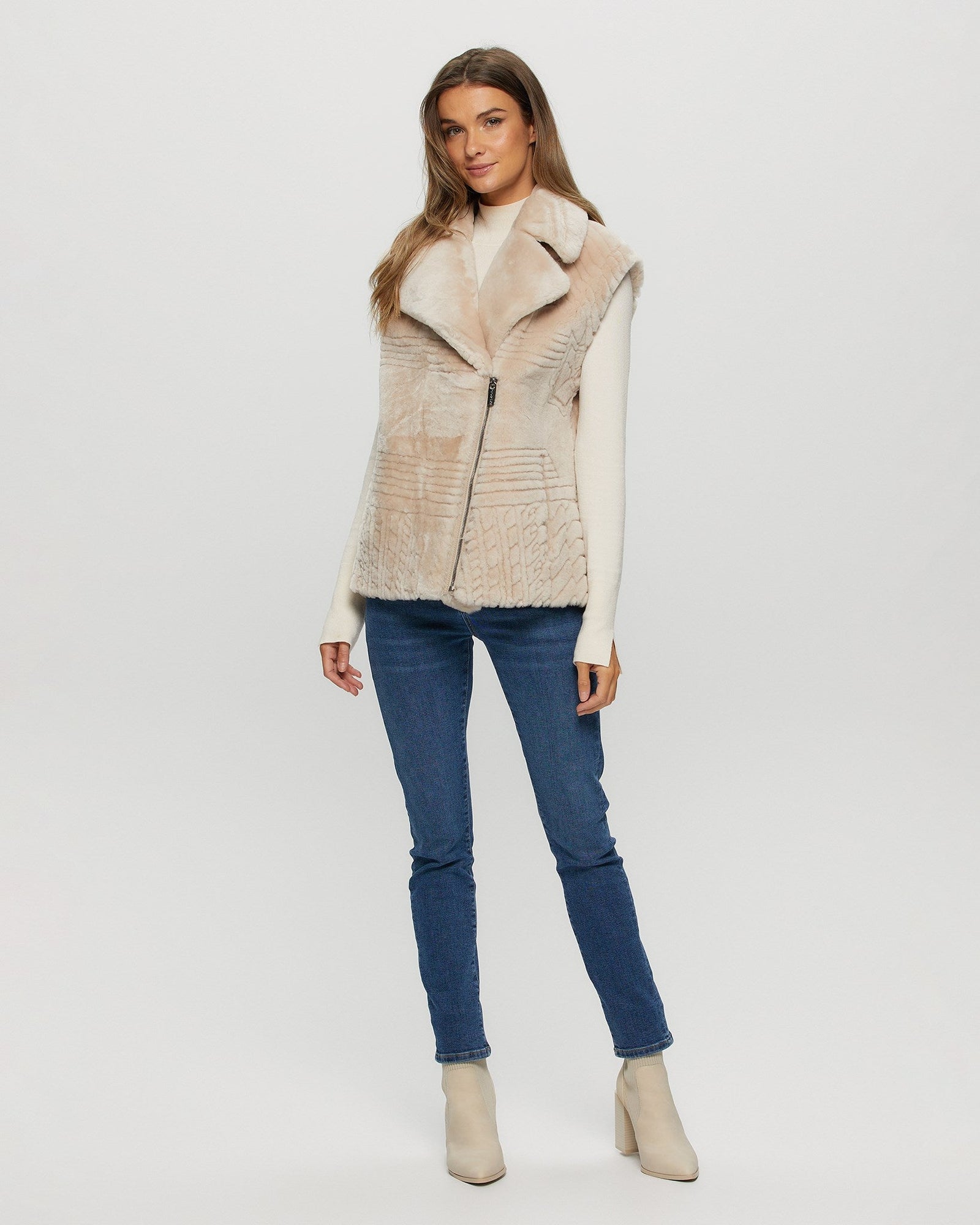 Select Shearling Lamb Zip Vest With Grooved Pattern | Women | Beige