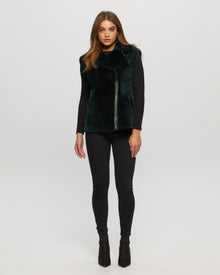 Select Shearling Lamb Zip Vest With Grooved Pattern | Women | Emerald