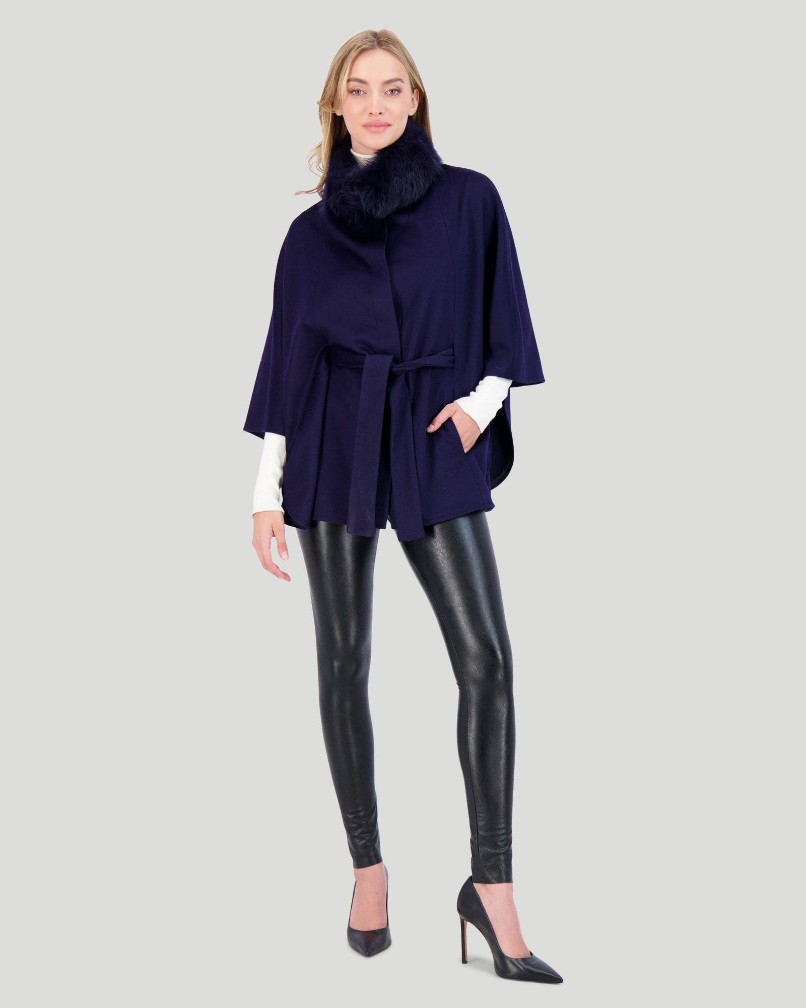 Select Wool Belted Cape With Toscana Shearling Lamb Collar | Women | Navy