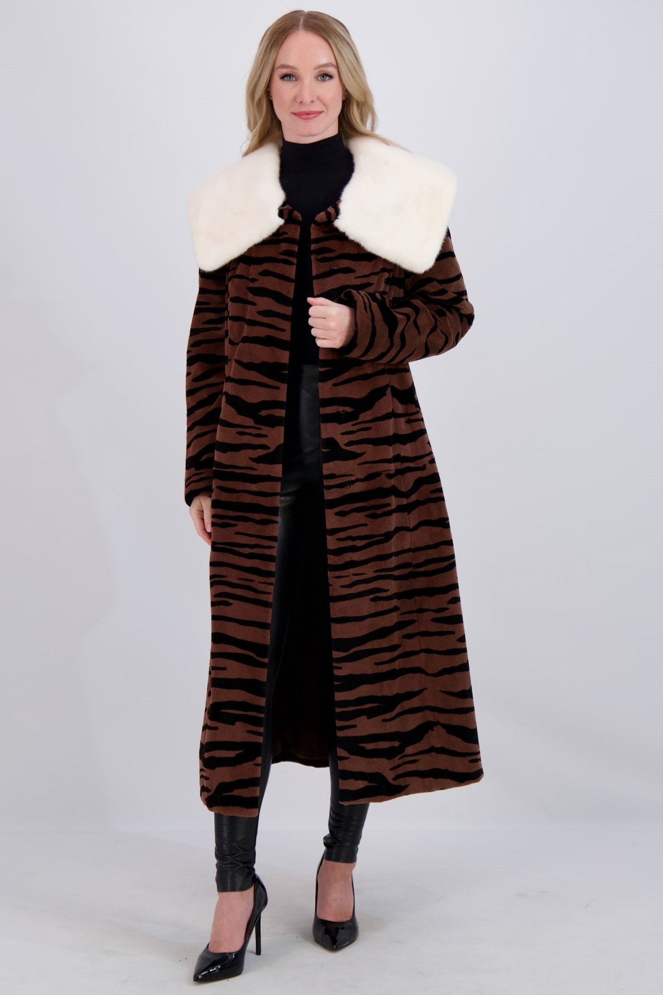 Sheared Mink Short Coat | Women | Brown Tiger Print