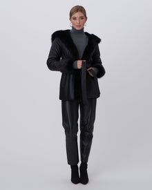 Shearling Lamb Hooded Jacket With Toscana Trim And Cuffs, Belt | Women | Black