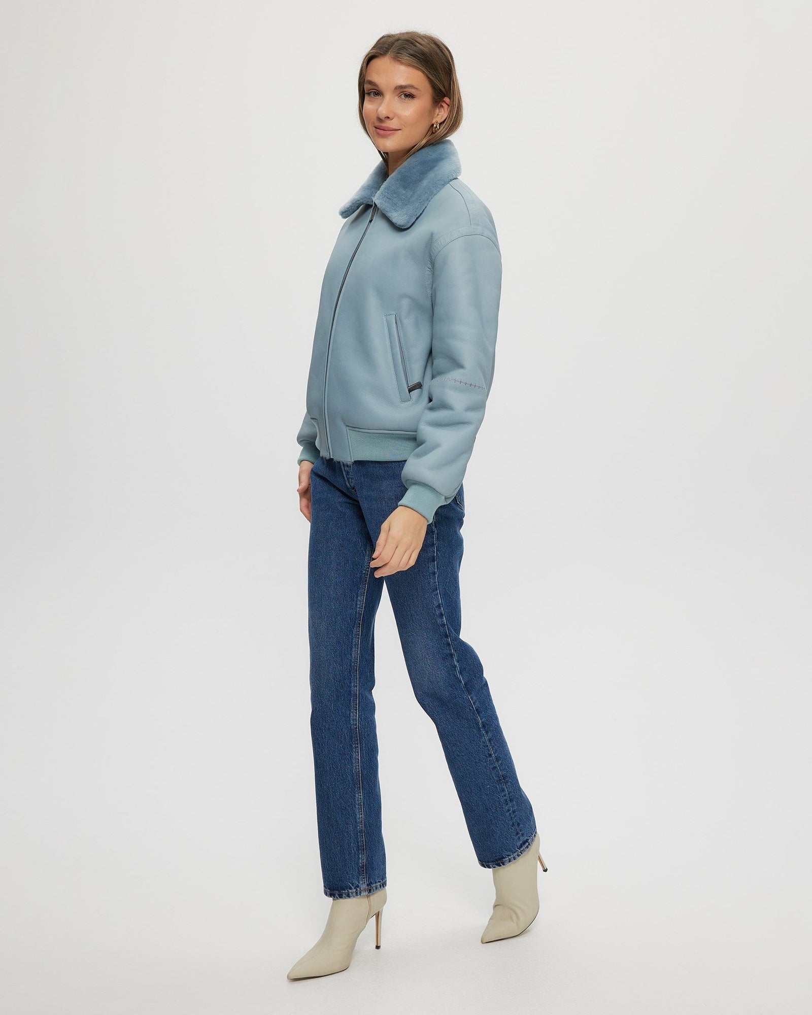 Shearling Lamb Zip Jacket | Women | Pastel Blue