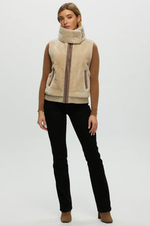 Shearling Lamb Zip Vest With Detachable Collar | Women | Beige