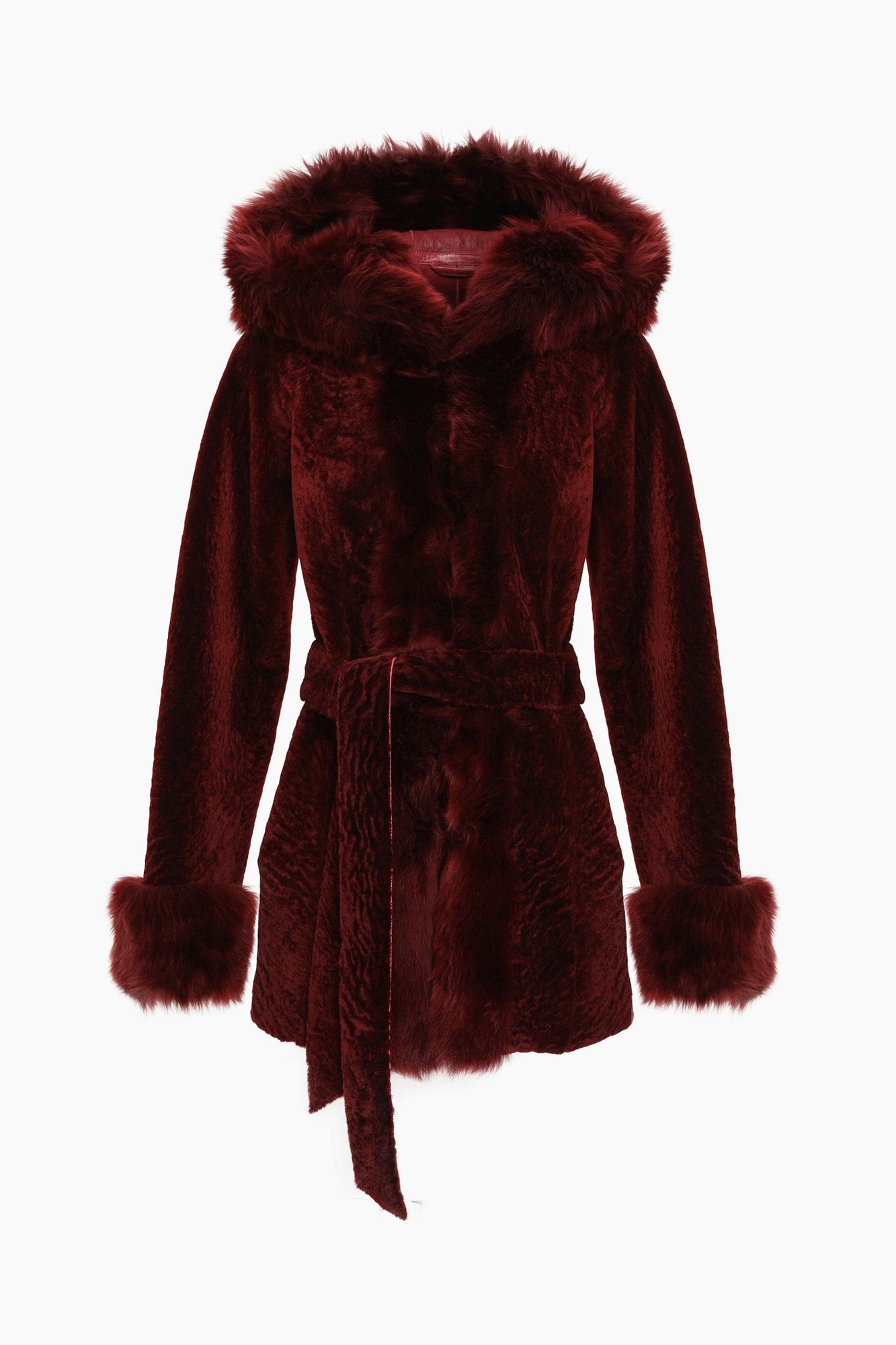 Tetured Shearling Lamb Reversible Parka With Merinillo Shearling Lamb Hood Trim, Tuedo, Cuffs & Belt | Women | Wine x Wine