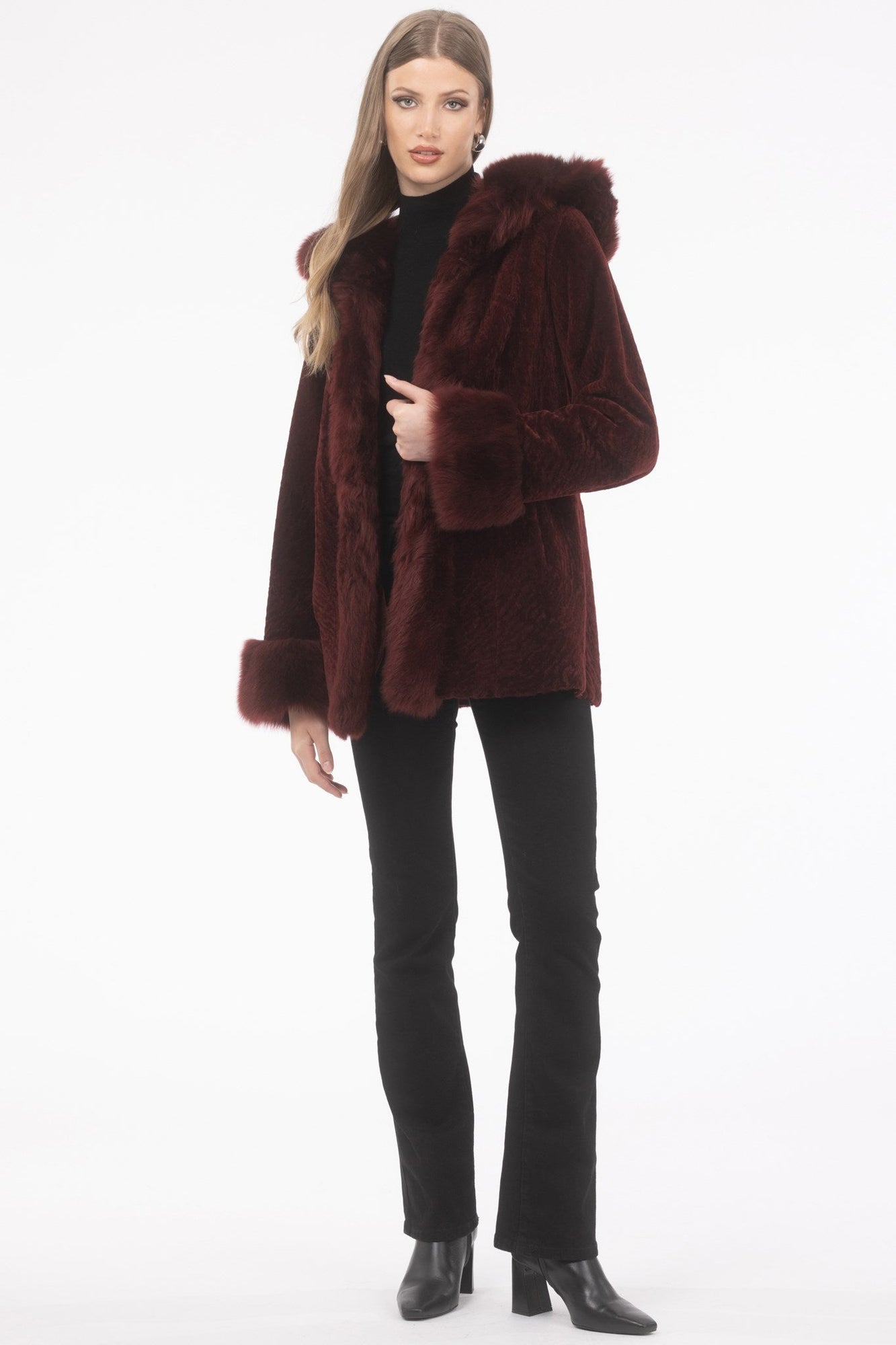 Tetured Shearling Lamb Reversible Parka With Merinillo Shearling Lamb Hood Trim, Tuedo, Cuffs & Belt | Women | Wine x Wine